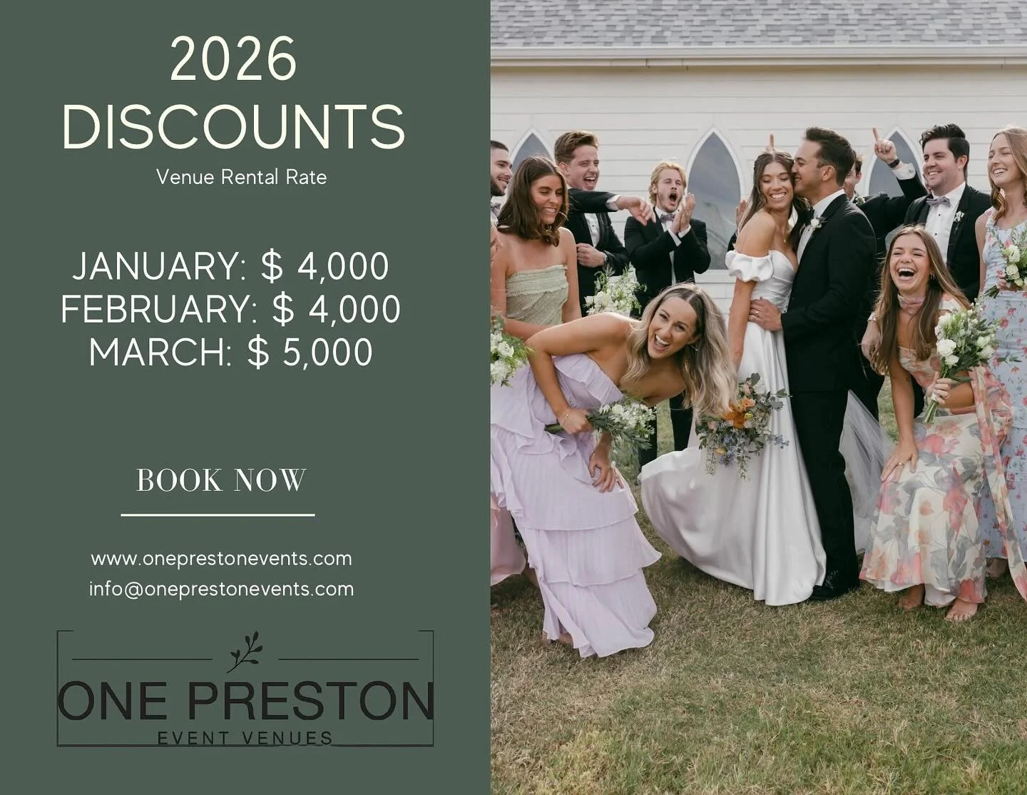 ‼️ EXCLUSIVE SAVINGS ‼️

✨ Winter wedding dreams just got sweeter! 
✨ We&rsquo;re offering exclusive discounted rates for weddings booked in January, February, and March 2026. ❄️💍 (Offer not applicable to already booked couples.)

Schedule your tour