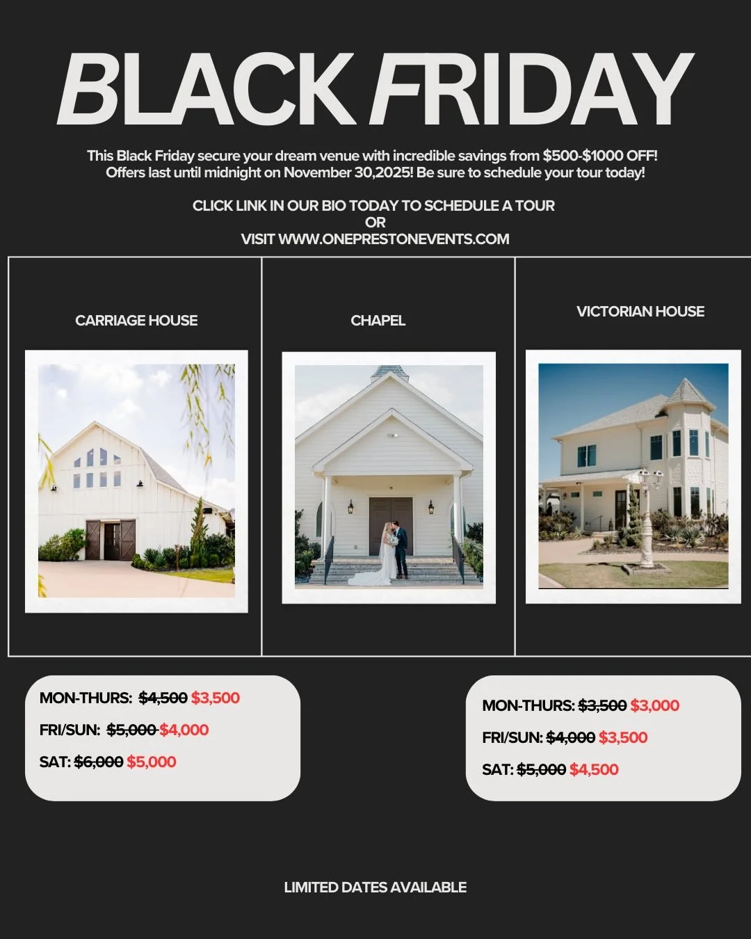 ‼️ HELLO SAVINGS ‼️ 
Black Friday just got beautiful. ✨
Save $500&ndash;$1,000 when you book one of our venues &mdash; exclusive savings end Nov. 30.
With multiple ceremony + reception sites on property, we have a space that fits your style.
Tour spo