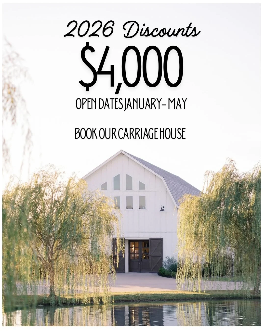 ✨ Winter&ndash;Spring Wedding Special ✨
Say &ldquo;I do&rdquo; for $4,000 🤍
Our Chapel + Carriage House Day Rental is now available for weddings booked January&ndash;May.
💫 Book within 24 hours of your tour and receive upgraded linens as our gift t