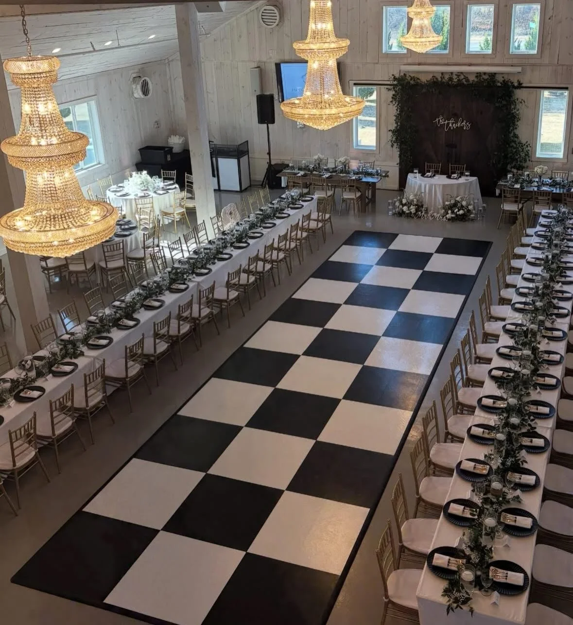 A reception space curated to you! We loved this fun and unique set up with the dance floor! Also just a moment for the classic black and white 🤍🖤
You can also book this space now for only $4,000 for your 2026 wedding in January - May! 

We have ope