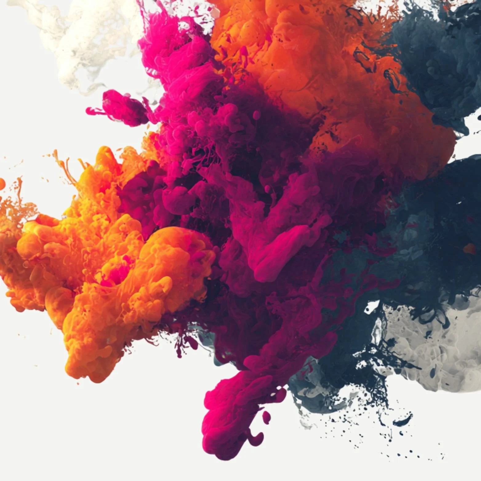 Colorful cloud of ink or paint swirling in water with vibrant pink, orange, black, and white colors.