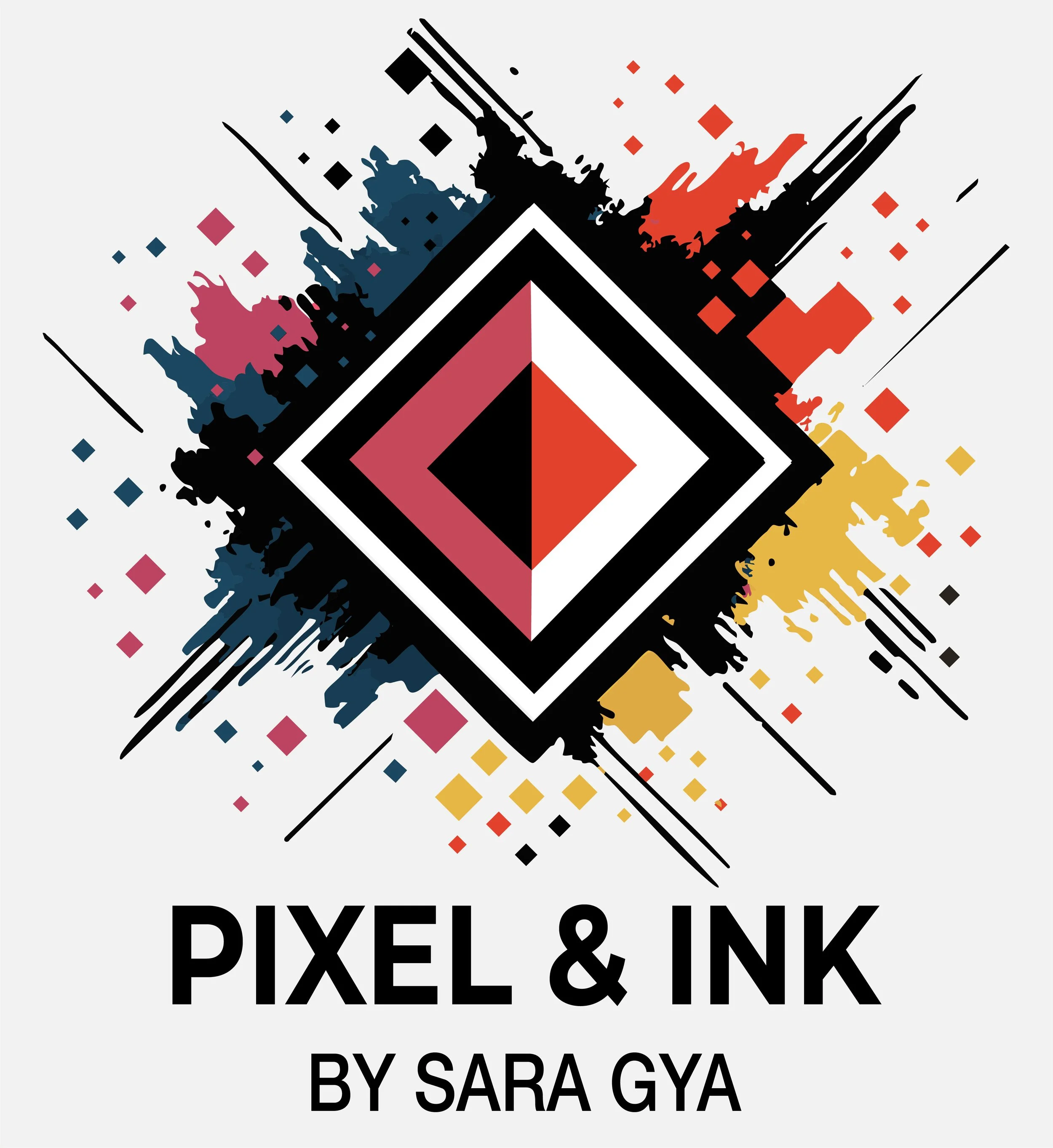 A colorful abstract logo for Pixel & Ink by Sara Gya, featuring a diamond shape with pink, black, and red colors, surrounded by paint splashes and small squares in various colors. The text is below the logo.