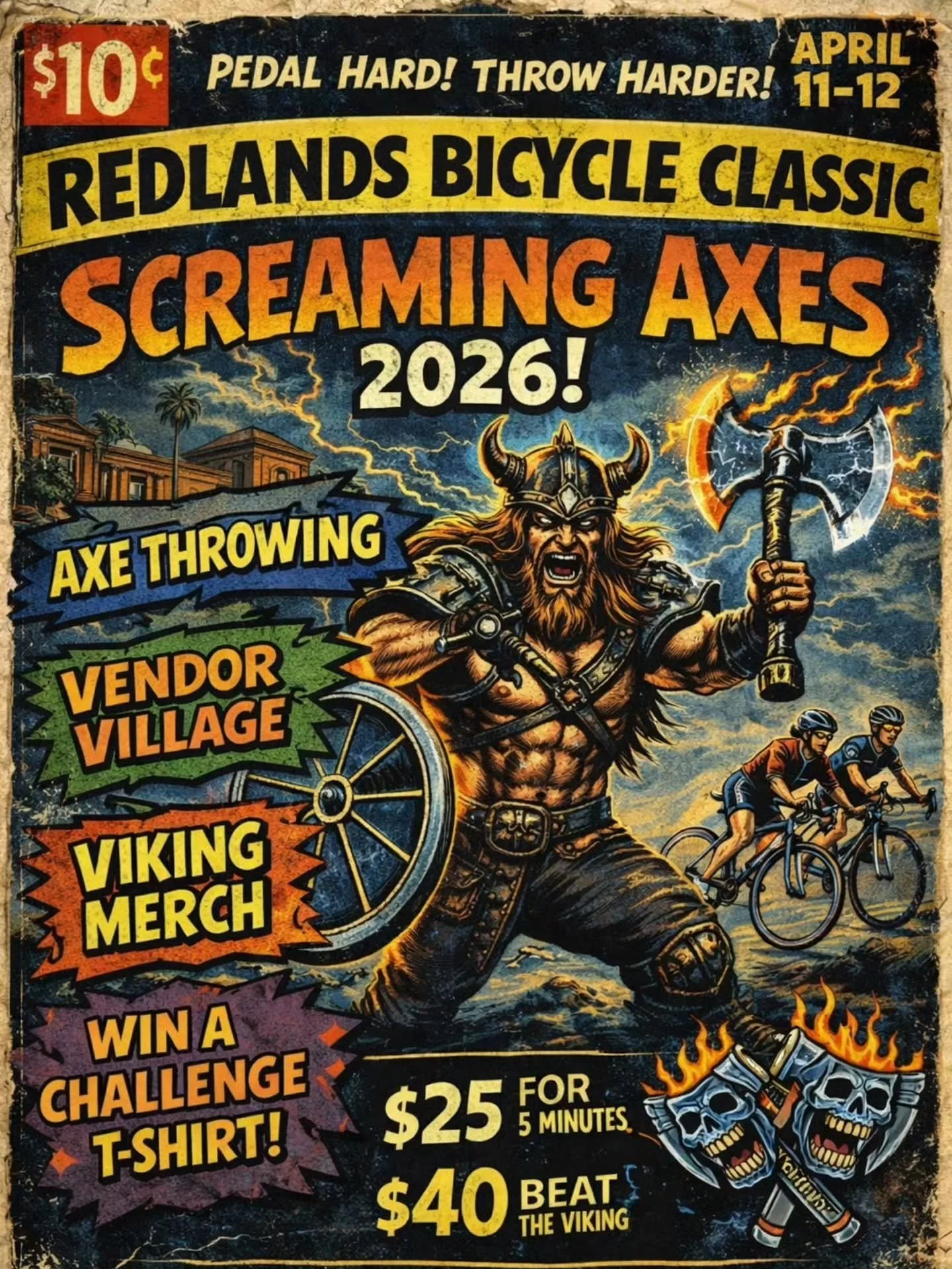 Redlands bicycle classic 2026 April 11-12th.
Unleash Your Inner Viking with #ScreamingAxes. 
#redlandsbicycleclassic #redlands #Yucaipa #MobileAxeThrowing