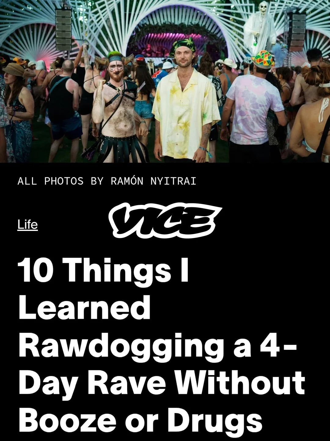 People dancing and partying at an outdoor music festival with a stage and performers in the background; 10 Things I Learned Rawdogging a 4-Day Rave Without Booze or Drugs for Vice Magazine and Vice Media, and Bass Coast Music Festival.