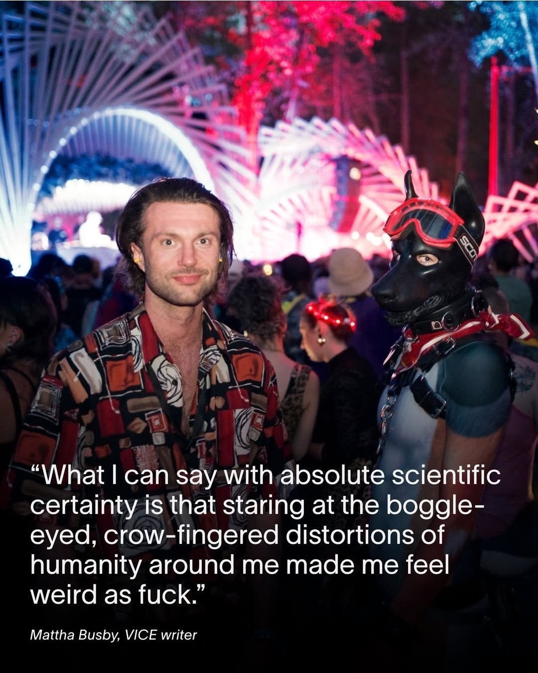 A man in a colorful, patterned shirt stands in a ; 10 Things I Learned Rawdogging a 4-Day Rave Without Booze or Drugs for Vice Magazine and Vice Media, and Bass Coast Music Festival.