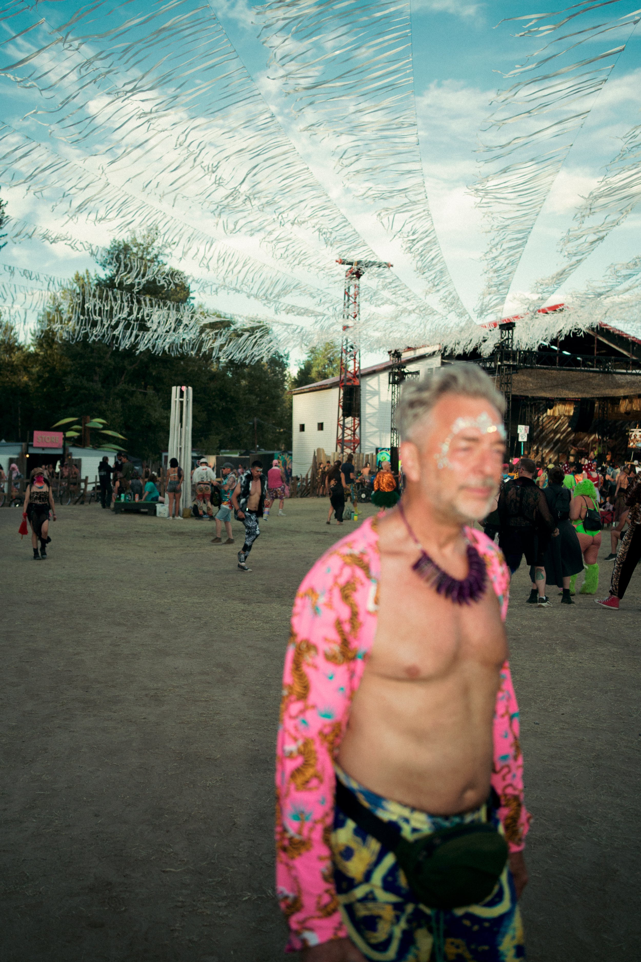 A festival scene with a man in the foreground wearing a pink jacket with tiger prints, patterned shorts, and a purple necklace. He has silver hair and face paint. In the background, there are numerous people, a stage, and decorative white streamers h