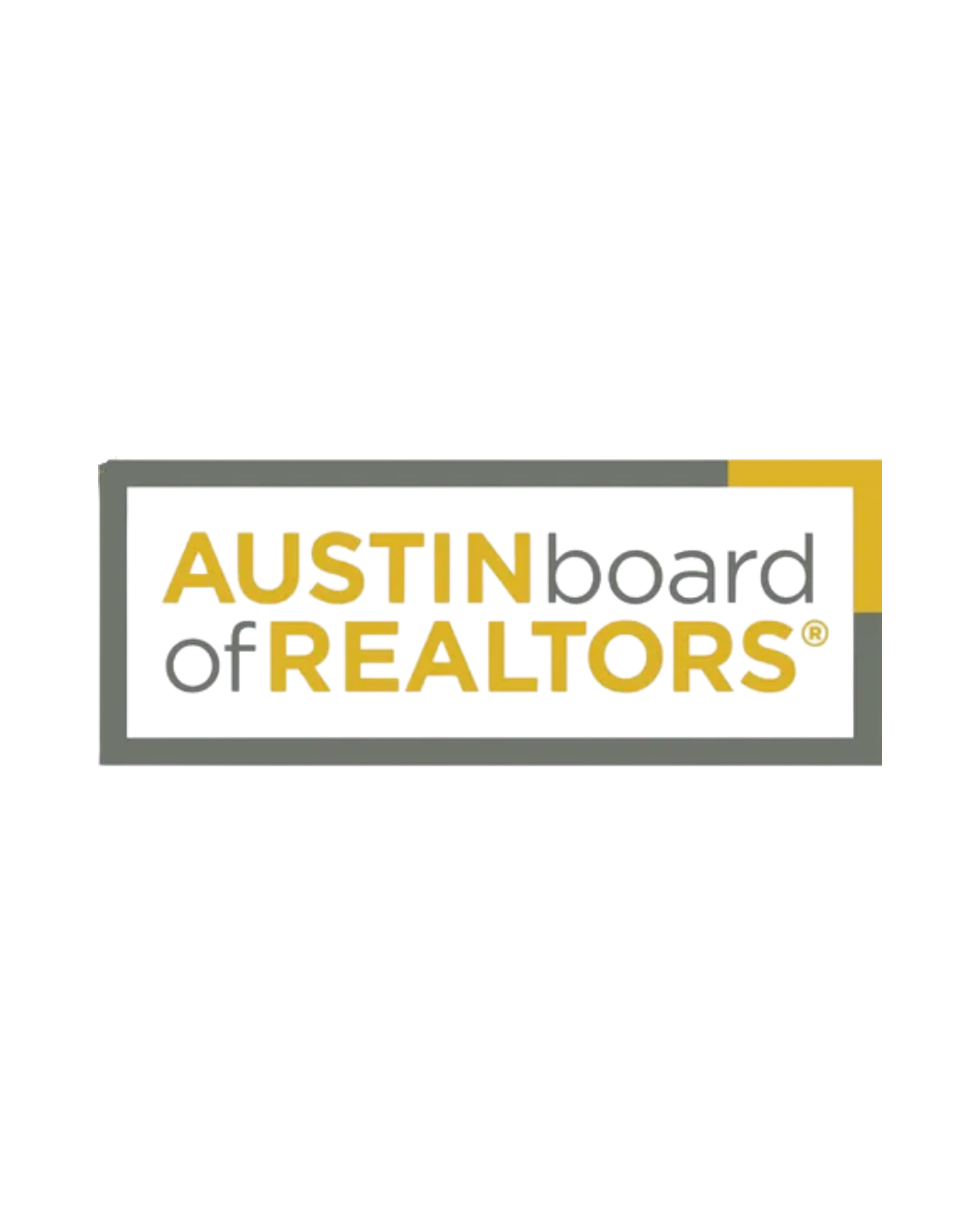 A neon sign reads 'AUSTIN board of REALTORS' with the text in yellow, black, and gray colors, placed within a gray rectangular frame against a black background.