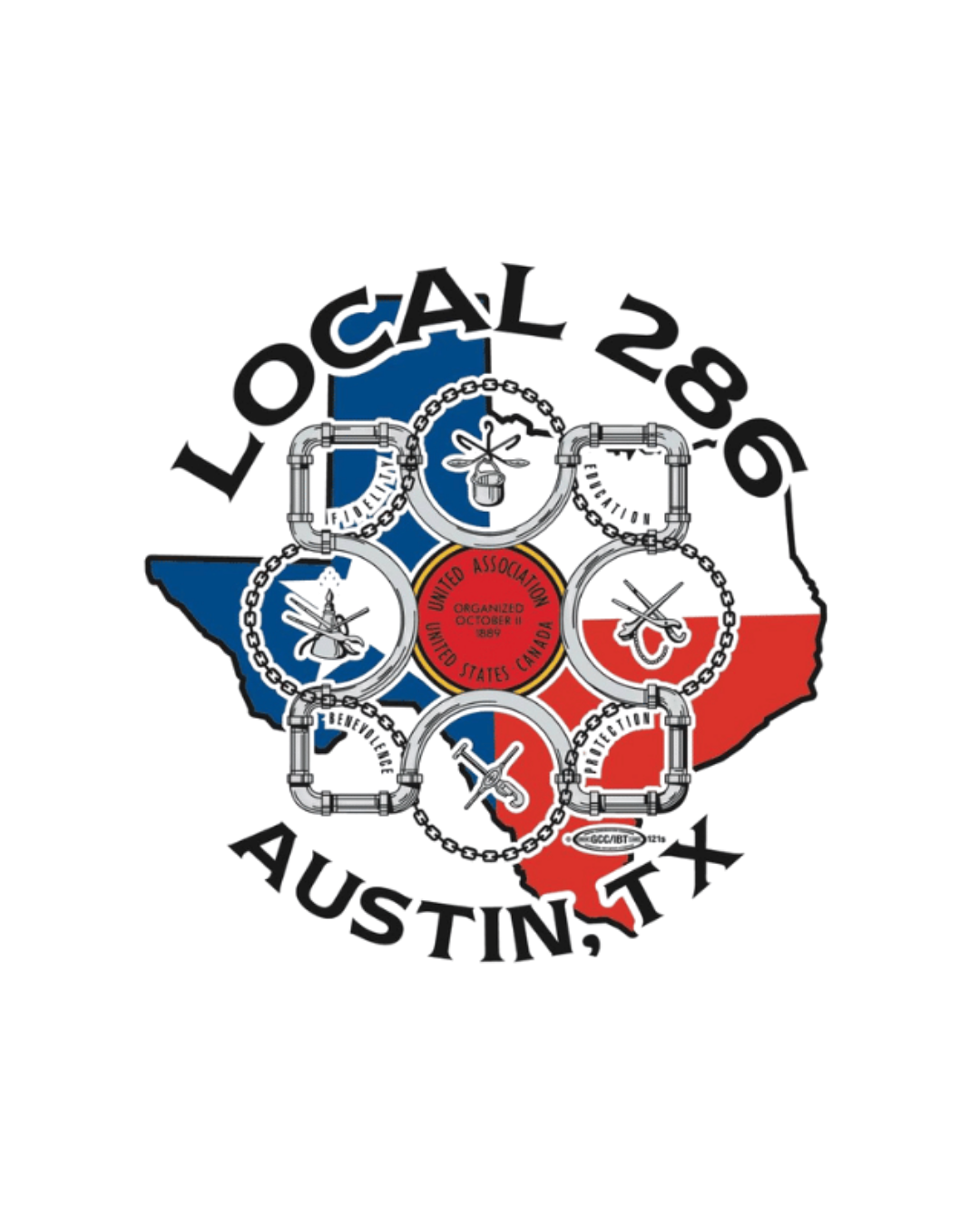 Graphic design featuring the outline of the United States with the American flag colors, overlaid with motorcycles and chains, and the logo of the United Association of American Insulators in the center.