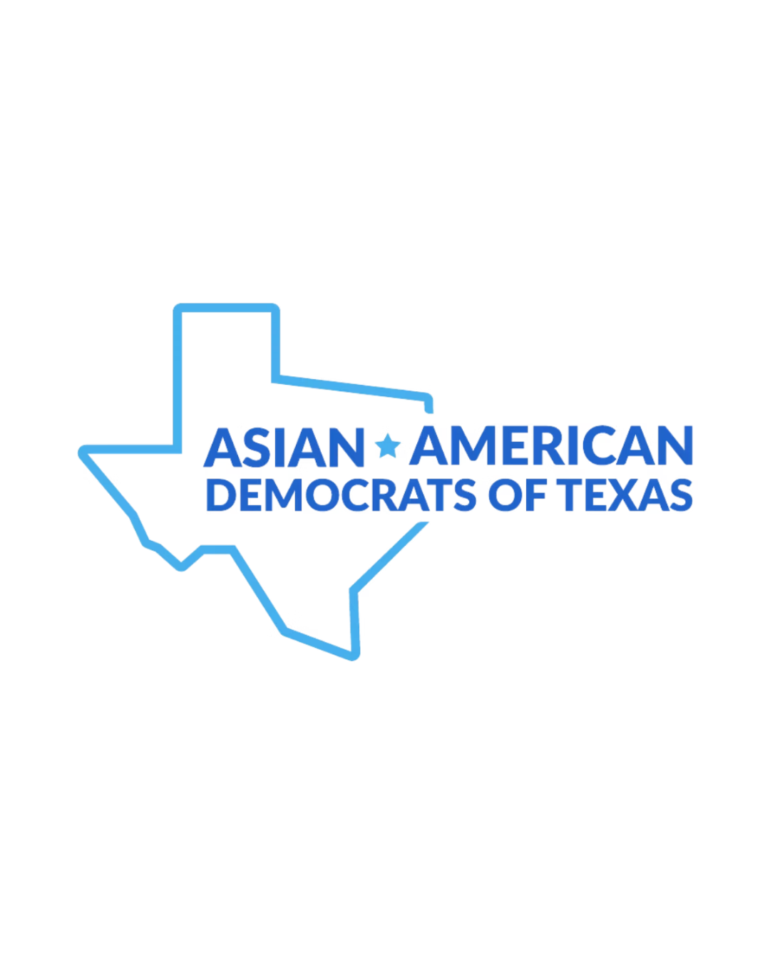 Outline of the state of Texas with the words "Asian American Democracy of Texas" in blue letters.