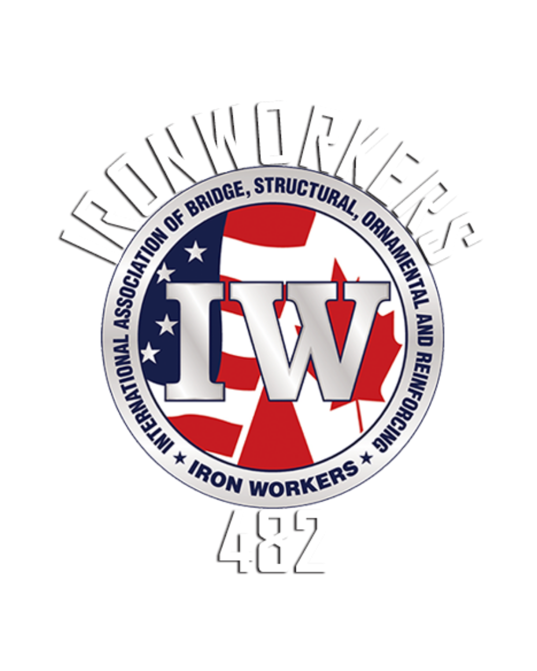 Logo of Iron Workers Local 482 with a red, white, and blue patriotic design and the initials IW in the center.