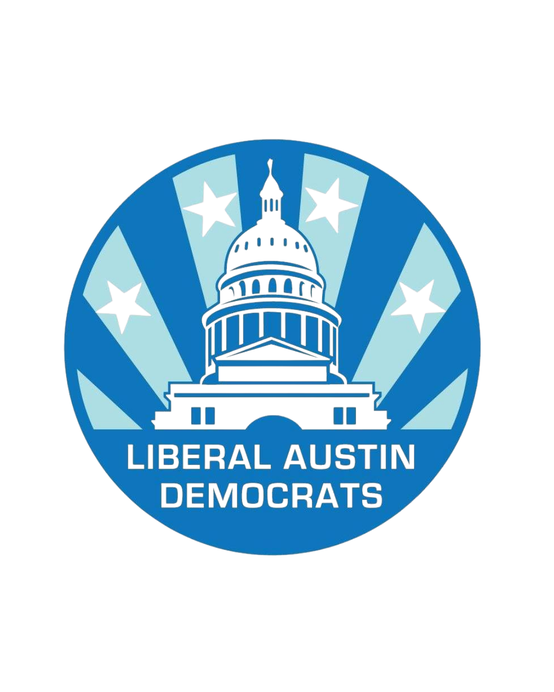 Liberal Austin Democrats logo featuring a stylized illustration of the Texas State Capitol building with stars and the organization's name.