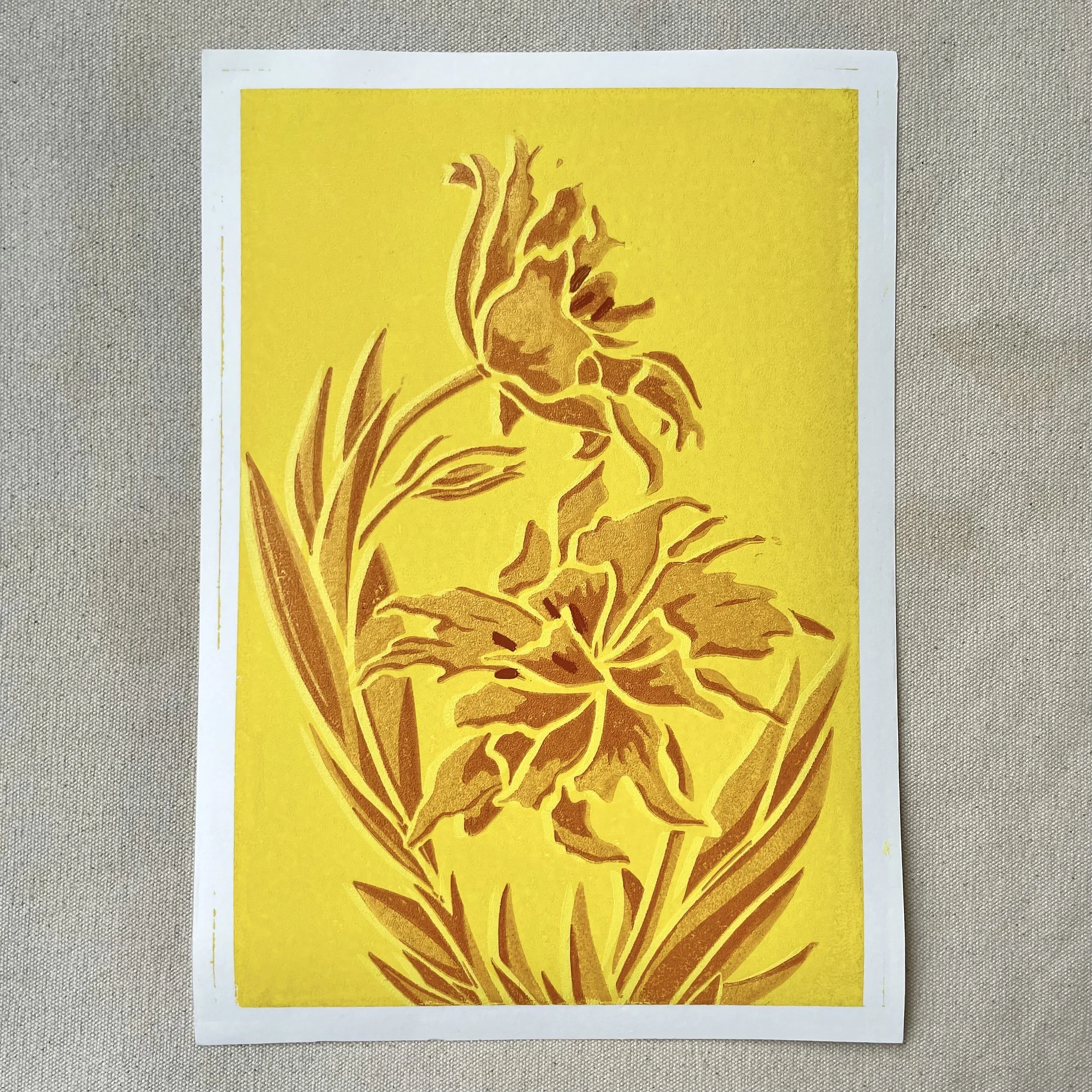 MONTE SPIDER TULIP NO 2 - YELLOW - OCHRE - A4 LINO PRINT - LIMITED EDITION - MONO PRINT - FLAT LAY SHOT.jpg