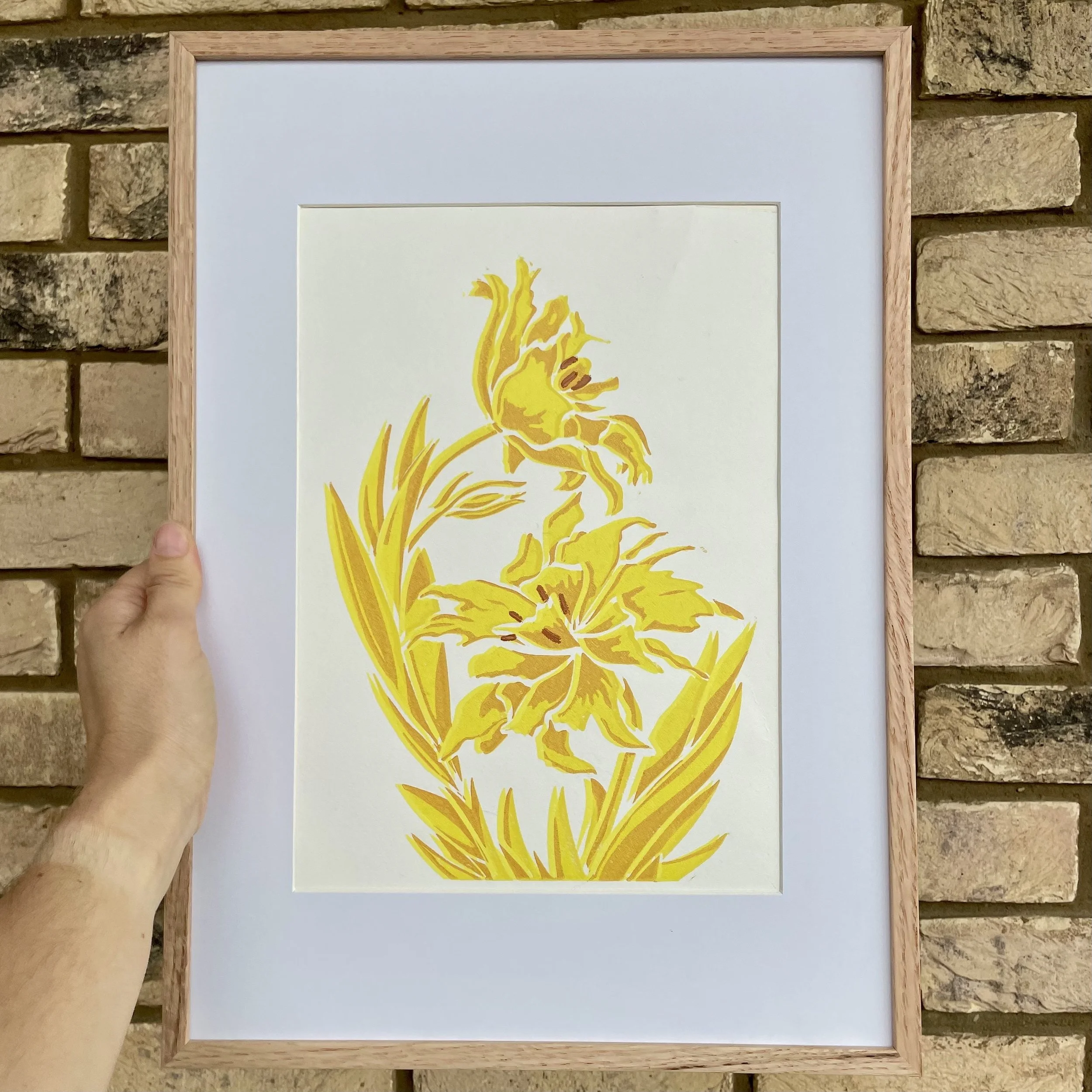 MONTE SPIDER TULIP NO 5 - A4 - LINO PRINT - MONOPRINT SERIES - A4 - FRAMED - FLAT LAY SHOT - BRICK WALL SHOT.jpg