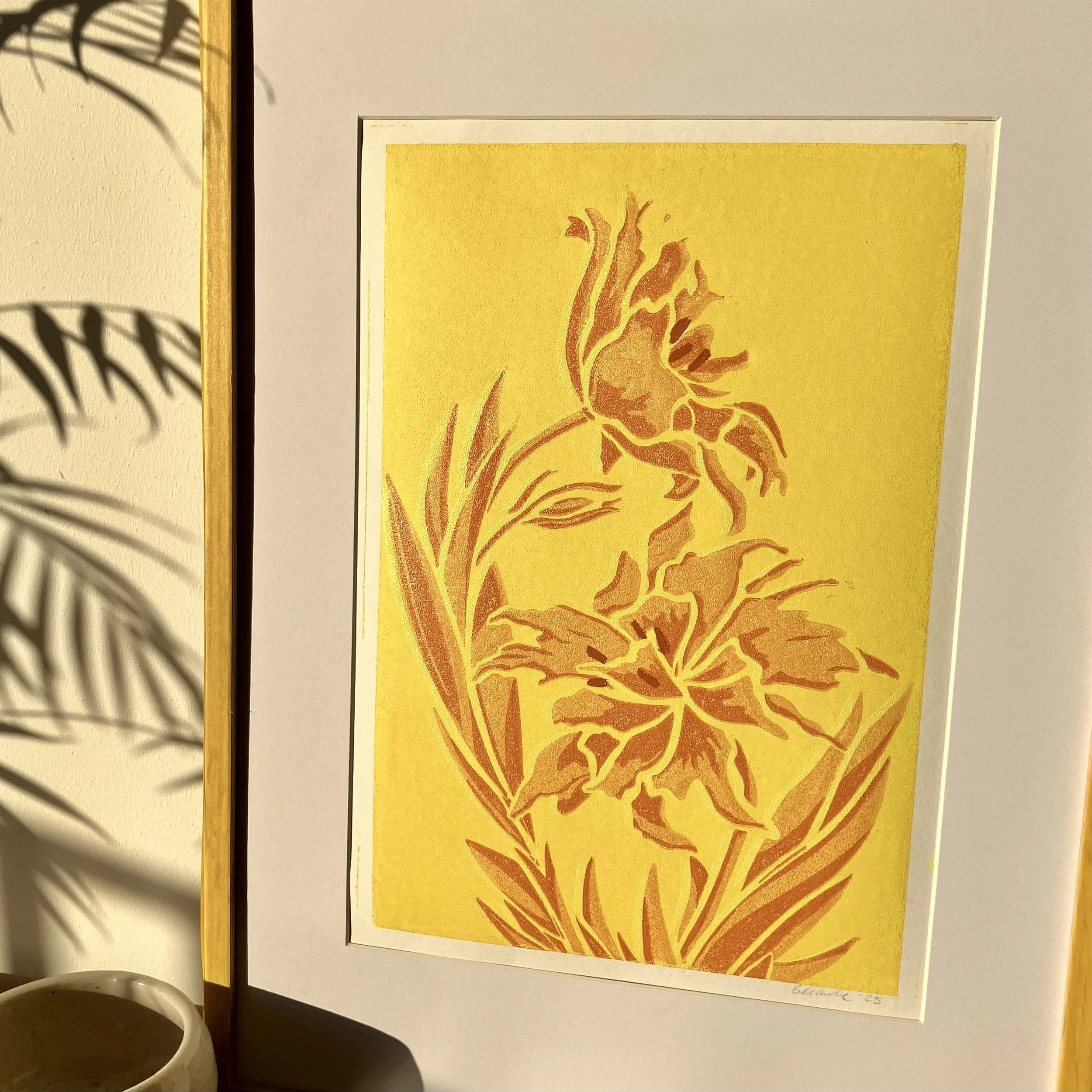 MONTE SPIDER TULIP NO 2 - YELLOW - OCHRE - A4 LINO PRINT - LIMITED EDITION - MONO PRINT - FRAMED PROPPED SHOT.jpg