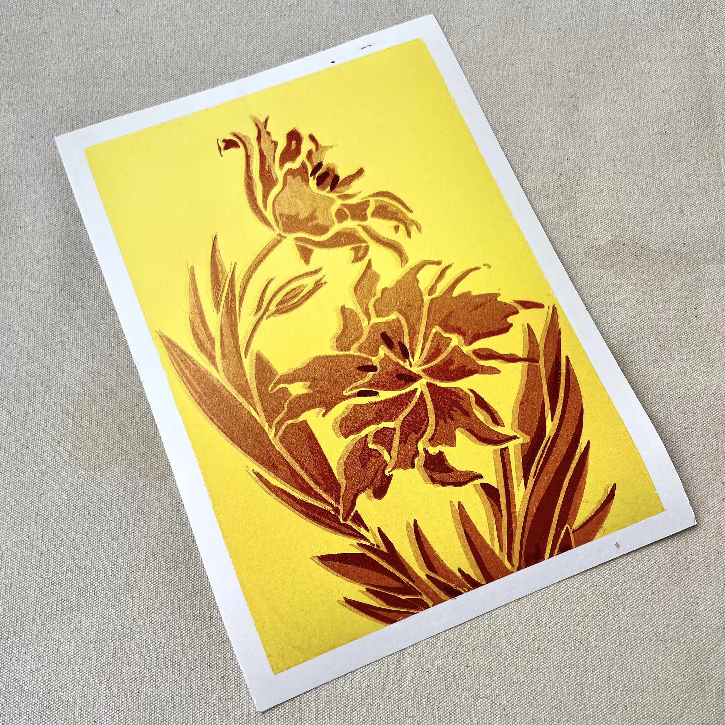 MONTE SPIDER TULIP - NO 3 - YELLOW - OCHRE - LINO PRINT - A4 - FLAT LAY SHOT ANGLE.jpg