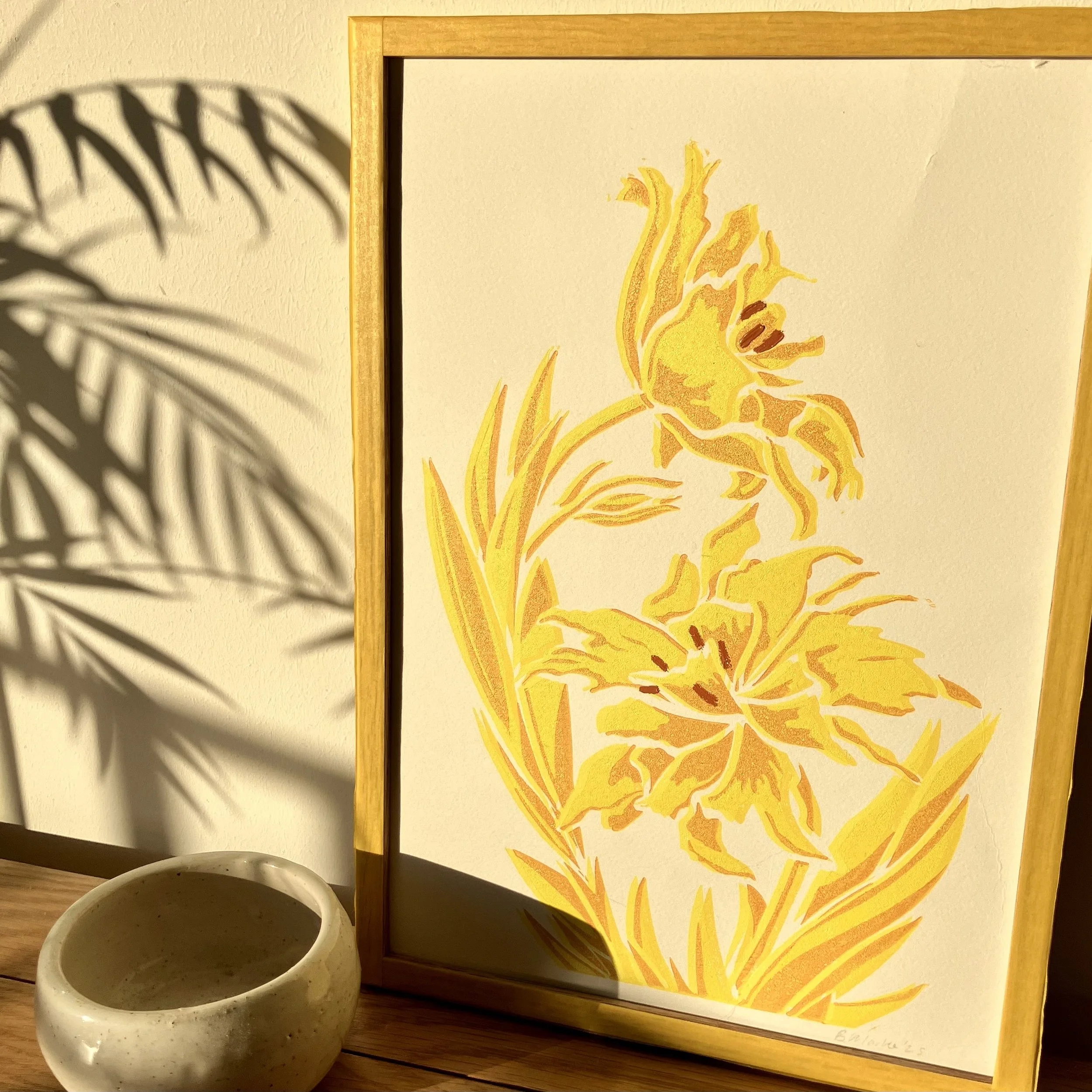 MONTE SPIDER TULIP NO 5 - A4 - LINO PRINT - MONOPRINT SERIES - A4 - FRAMED - SUNSET SHOT.jpg