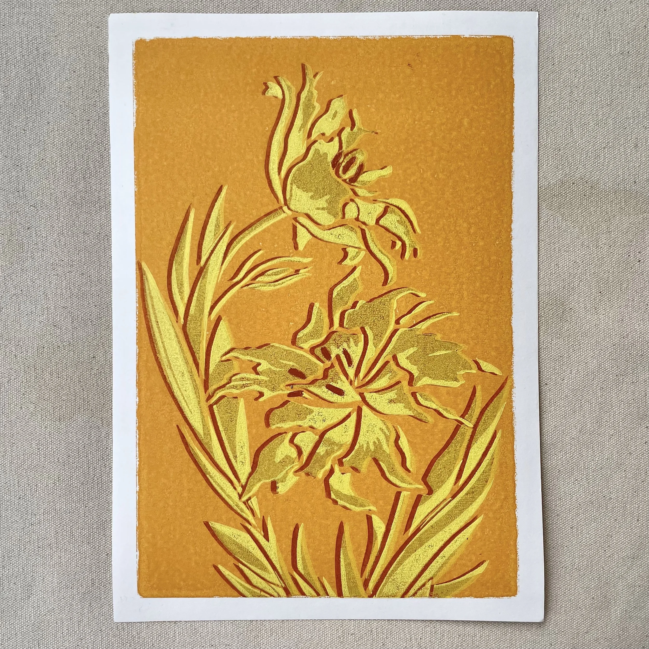 MONTE SPIDER TULIP NO 6 - A4 - YELLOW - OCHRE - LINO PRINT - MONOPRINT SERIES - FLAT LAY SHOT.jpg
