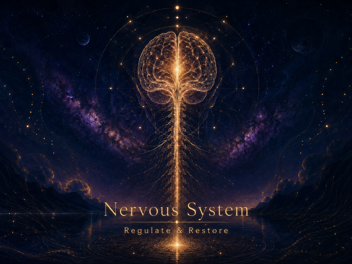 A digital art depiction of a glowing human brain with neural pathways extending into outer space, surrounded by stars and galaxies, with the text 'Nervous System' and 'Regulate & Restore' at the bottom.