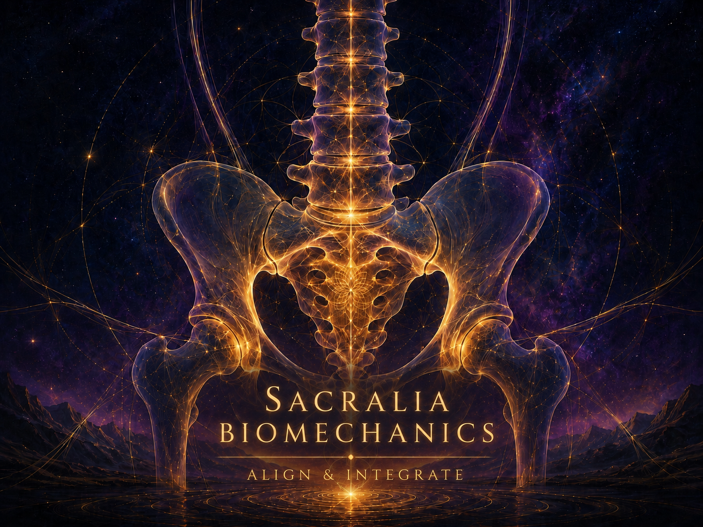 Digital artwork of a luminous, glowing human pelvis and spine with an abstract cosmic background, featuring golden lines and patterns.
