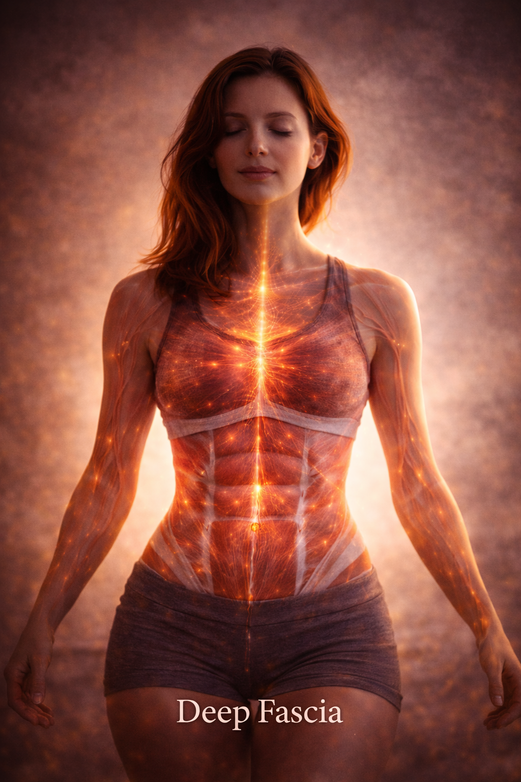 A woman with closed eyes, wearing a tank top, with a digital illustration of the deep fascia network visible through her body, highlighting muscles and connective tissue.