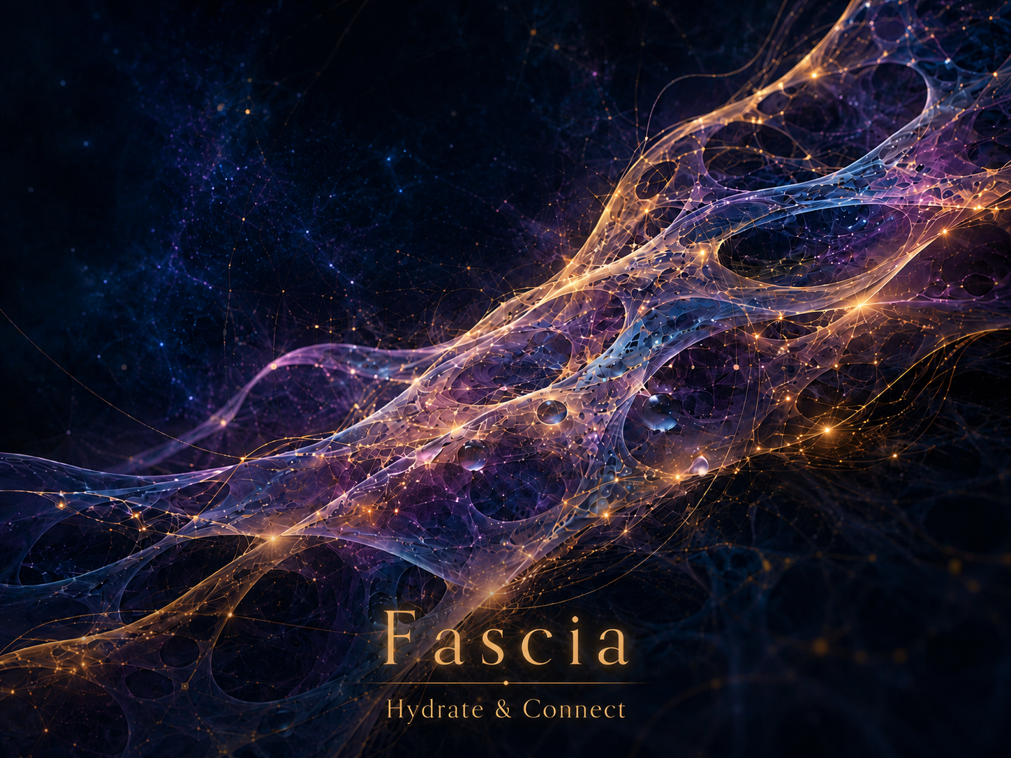 Digital abstract art with interconnected glowing lines and nodes in purple, blue, and gold, with the text 'Fascia Hydrate & Connect' at the bottom.