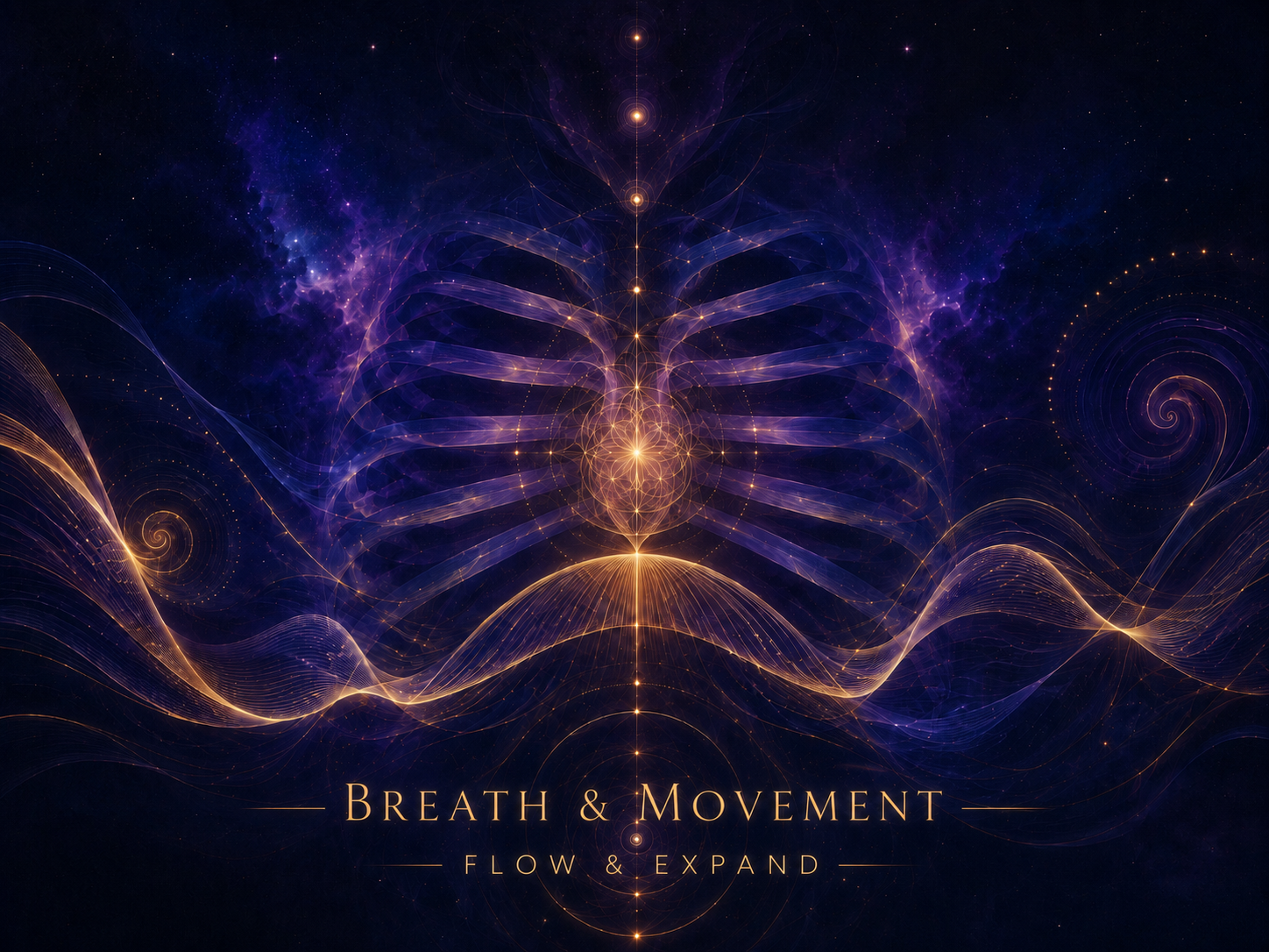 Abstract digital art of a ribcage with glowing lines and patterns, representing breath and movement, with text "Breath & Movement, Flow & Expand."