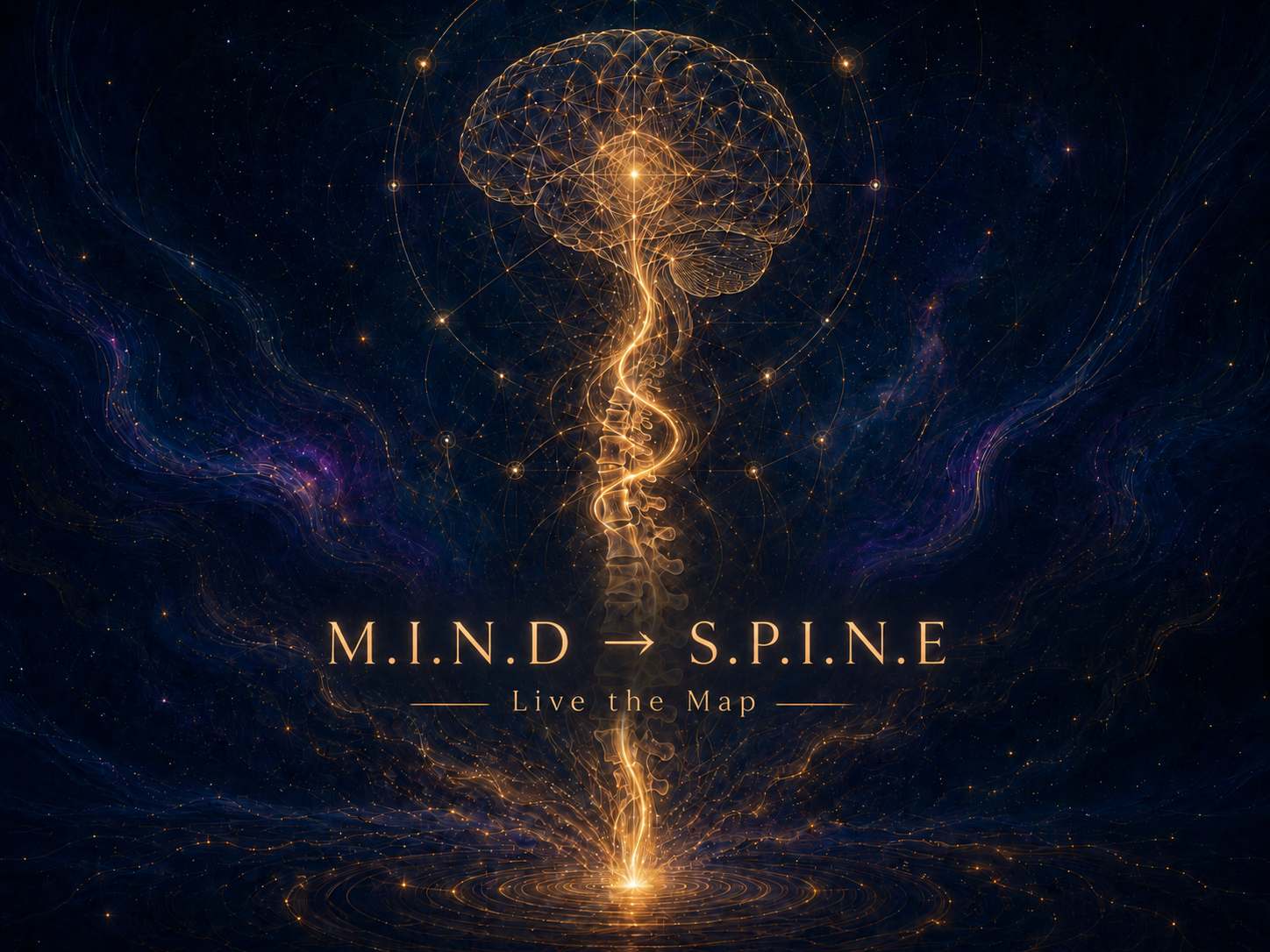 A digital illustration of a brain with a light trail representing a spiral, in a cosmic background, with the text 'M.I.N.D -> S.P.I.N.E Live the Map' overlayed.