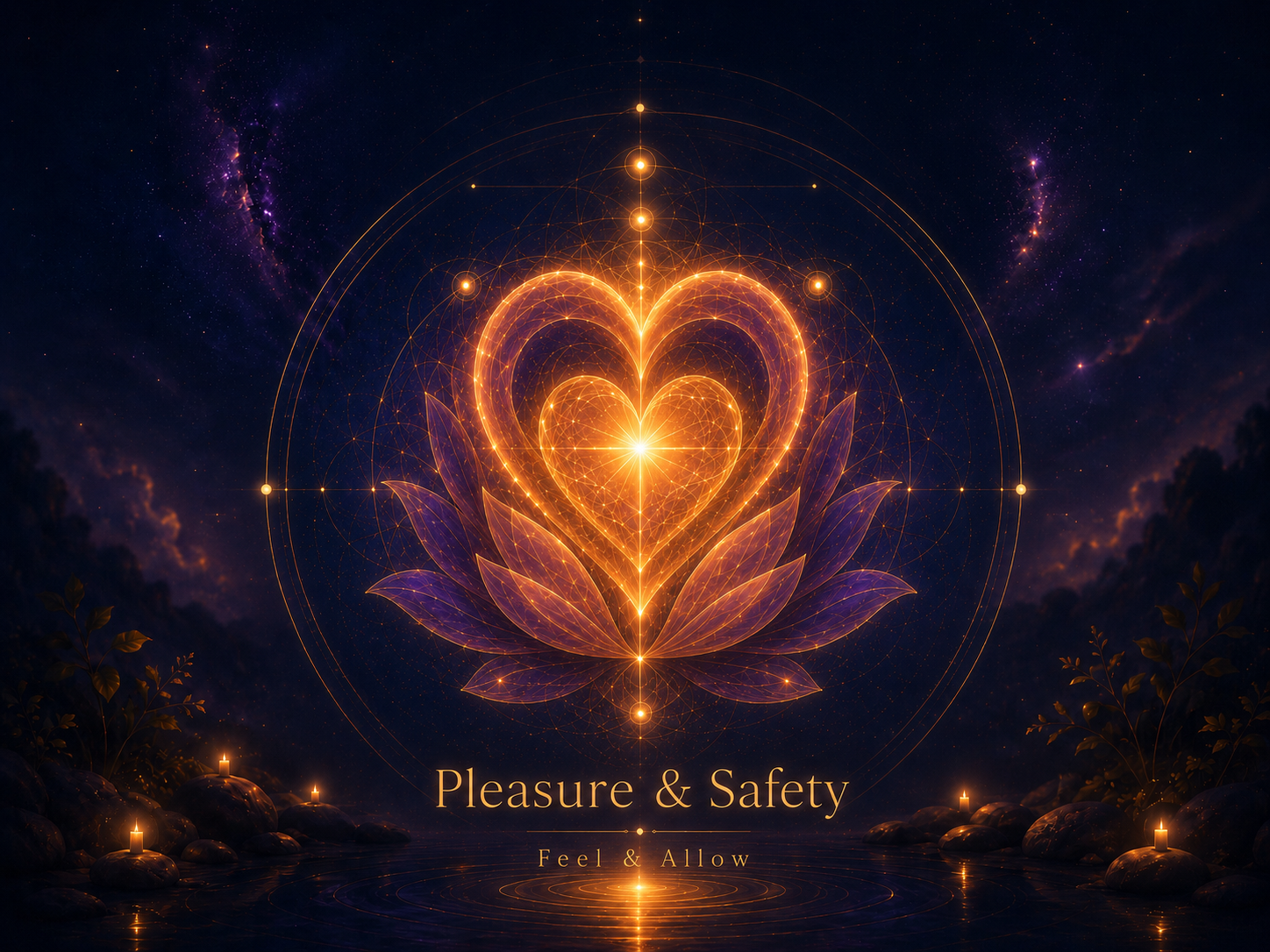 A glowing, digital art depiction of a heart integrated into a lotus flower, surrounded by geometric patterns and celestial background, with candles on rocks below and the words 'Pleasure & Safety' and 'Feel & Allow' at the bottom.