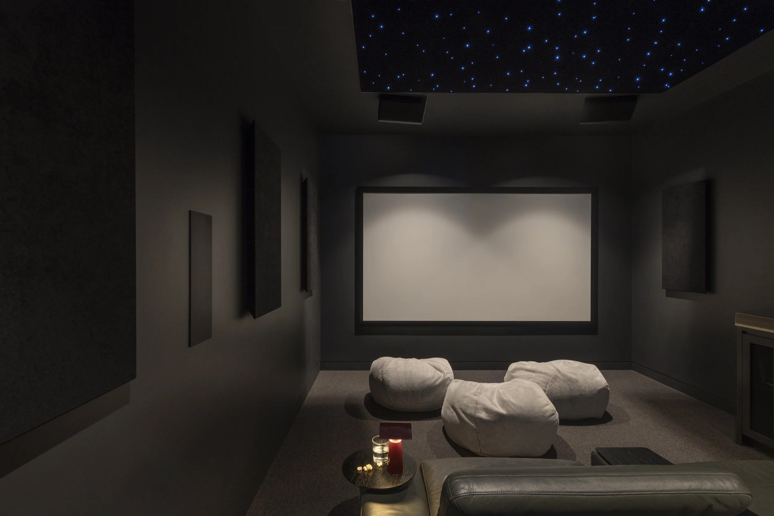 The dedicated home theatre at Project124 features a full‑width projection screen, acoustic wall paneling, and a star‑lit ceiling that creates an immersive cinematic atmosphere. Plush seating, layered lighting, and refined detailing elevate the comfor