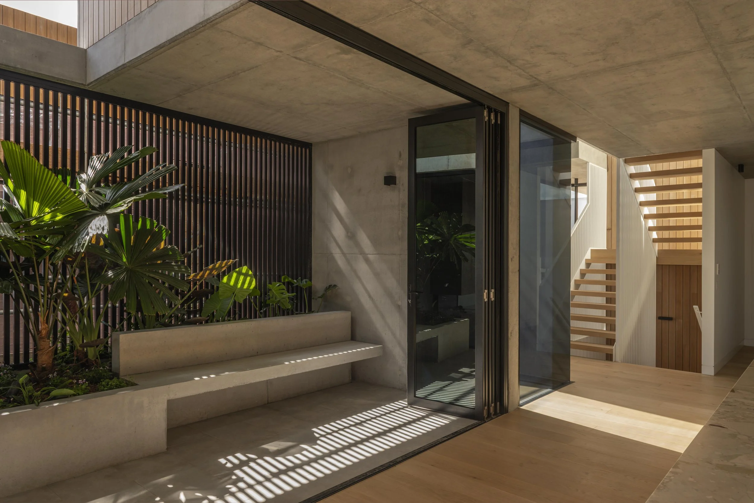 Modern concrete and timber interior with staircase, glazing, and indoor planting in a luxury Brisbane home.