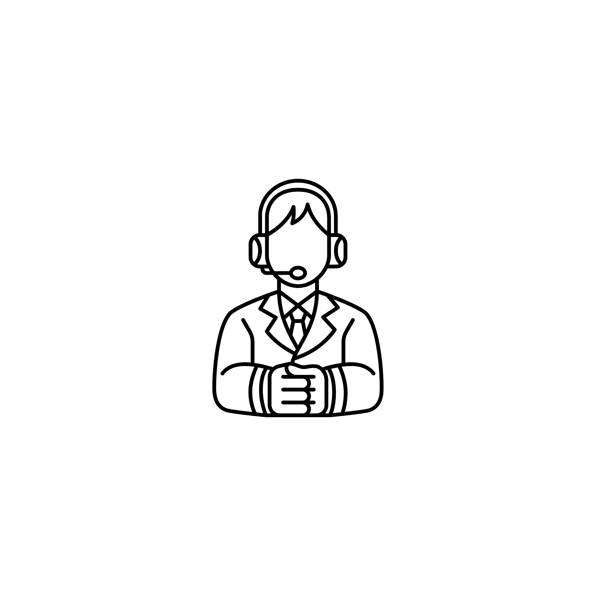 Line drawing of a woman wearing a headset and formal attire.