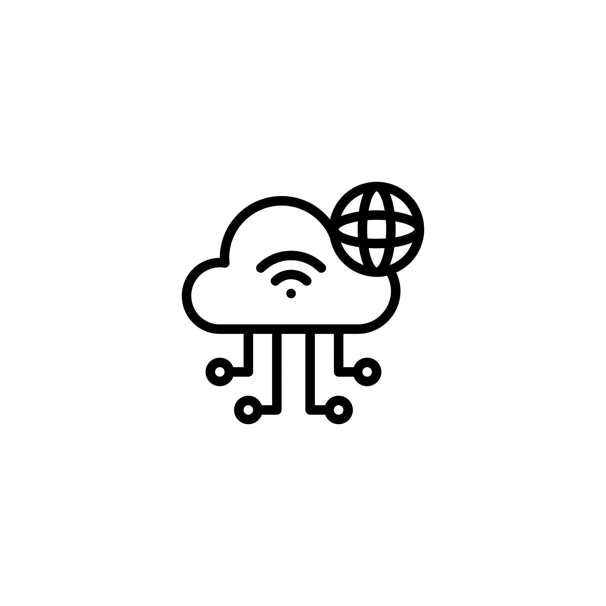 Line art illustration of a cloud with a Wi-Fi symbol, connected to a globe and a computer mouse.
