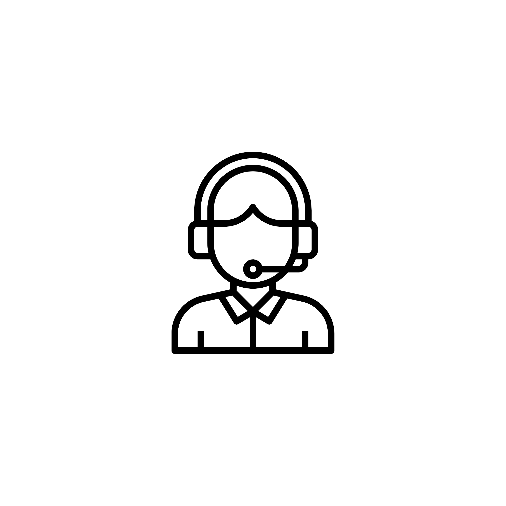 Line drawing of a person with headphones and a microphone, wearing a collared shirt.