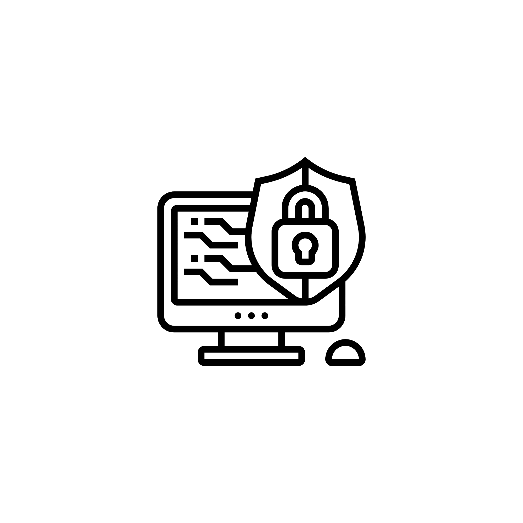 Line drawing of a computer monitor with a dollar bill and a padlock symbol.