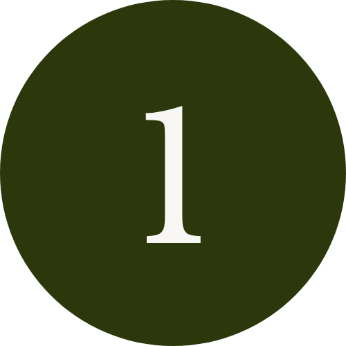 A circular badge with a dark green background and a large white number one in the center.