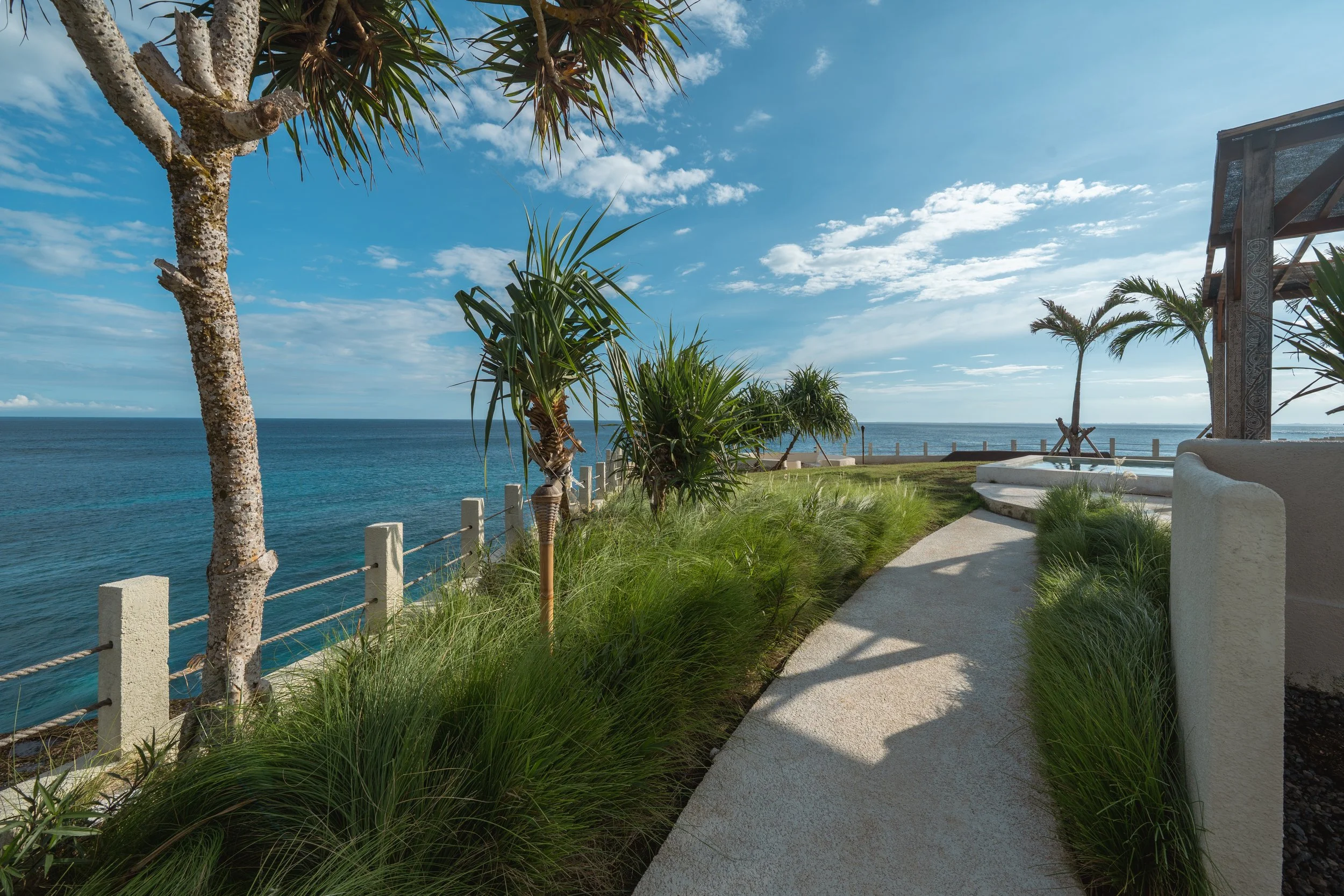 Beachside pathway with lush green grass, palm trees, and ocean view under a blue sky with scattered clouds.