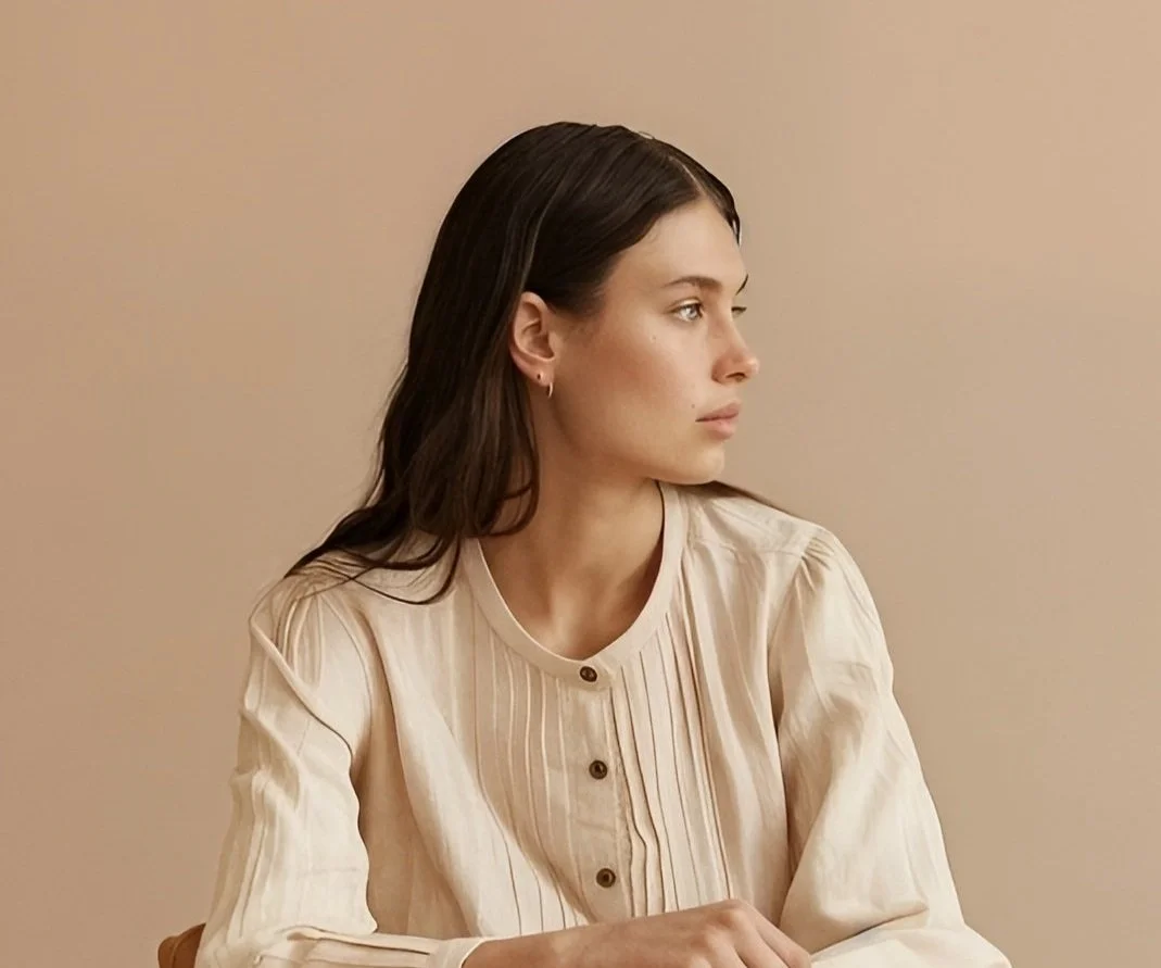 Young woman with dark hair in a beige blouse, seated against a plain background, looking to the side.