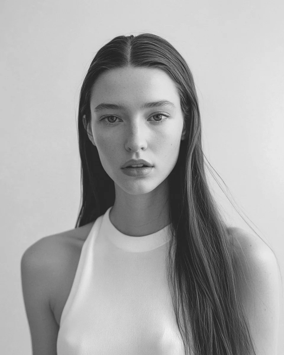 Black and white portrait of a woman with long hair, wearing a sleeveless white top, looking directly at the camera.