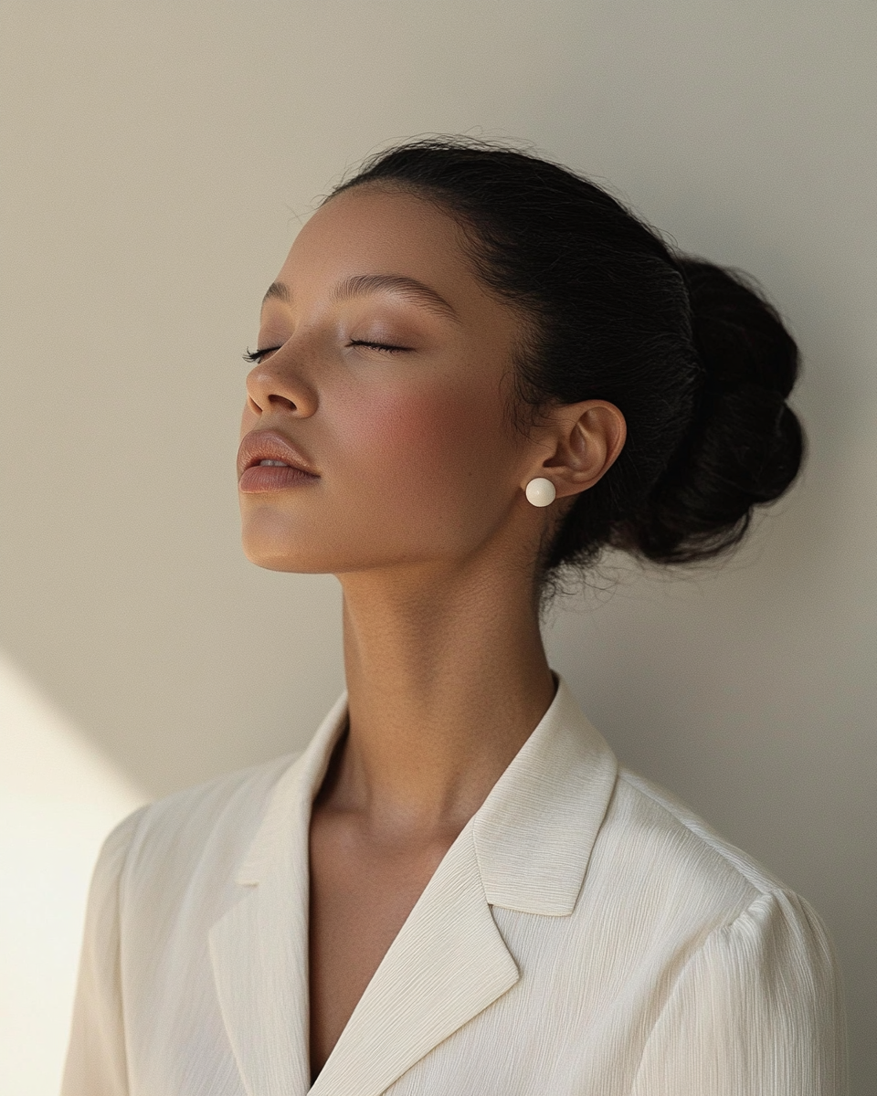 A woman with closed eyes wearing a white collared blouse and small round earrings, with her hair styled in a bun, standing against a neutral background.