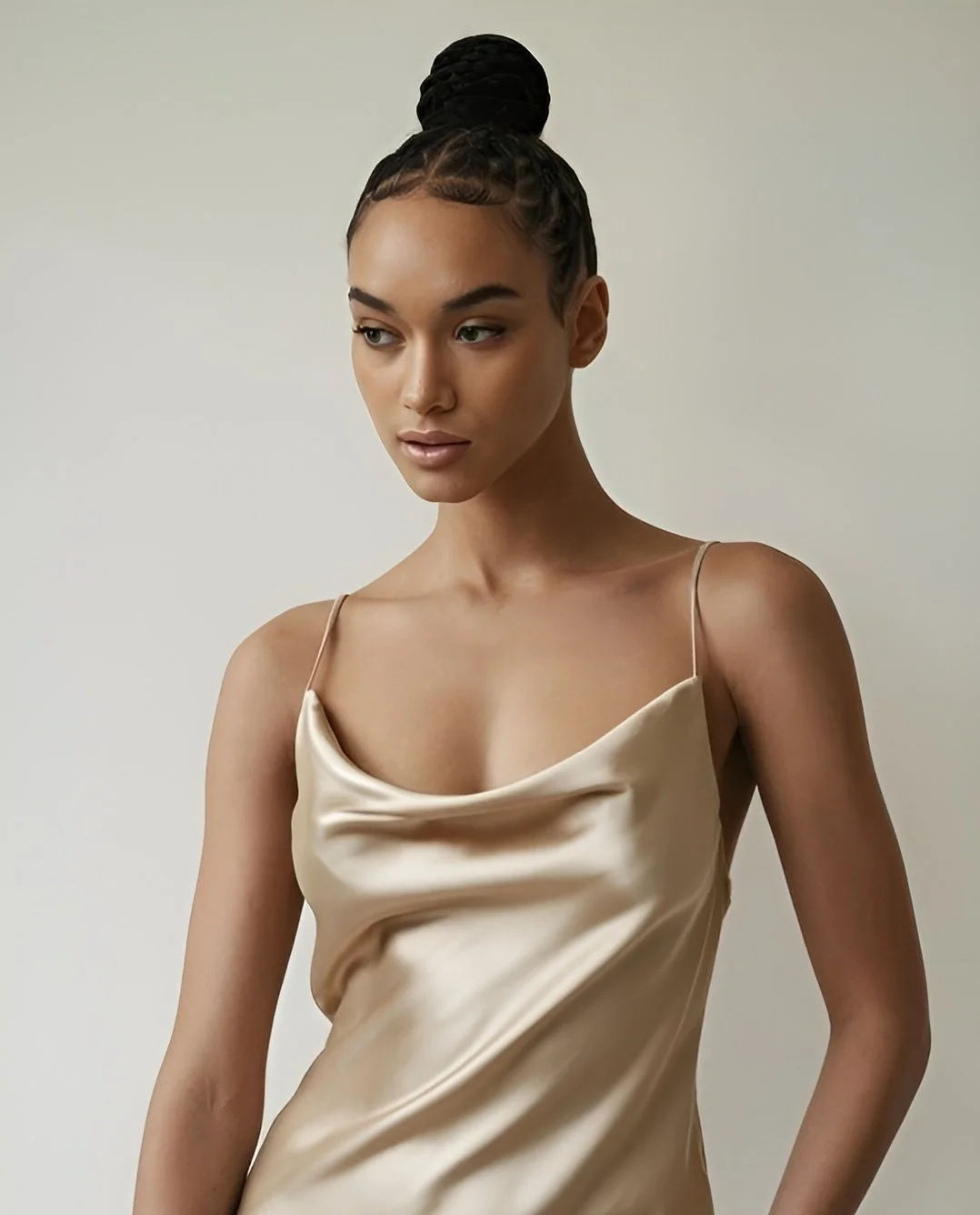 A person with a braided bun wearing a satin cowl neck dress.