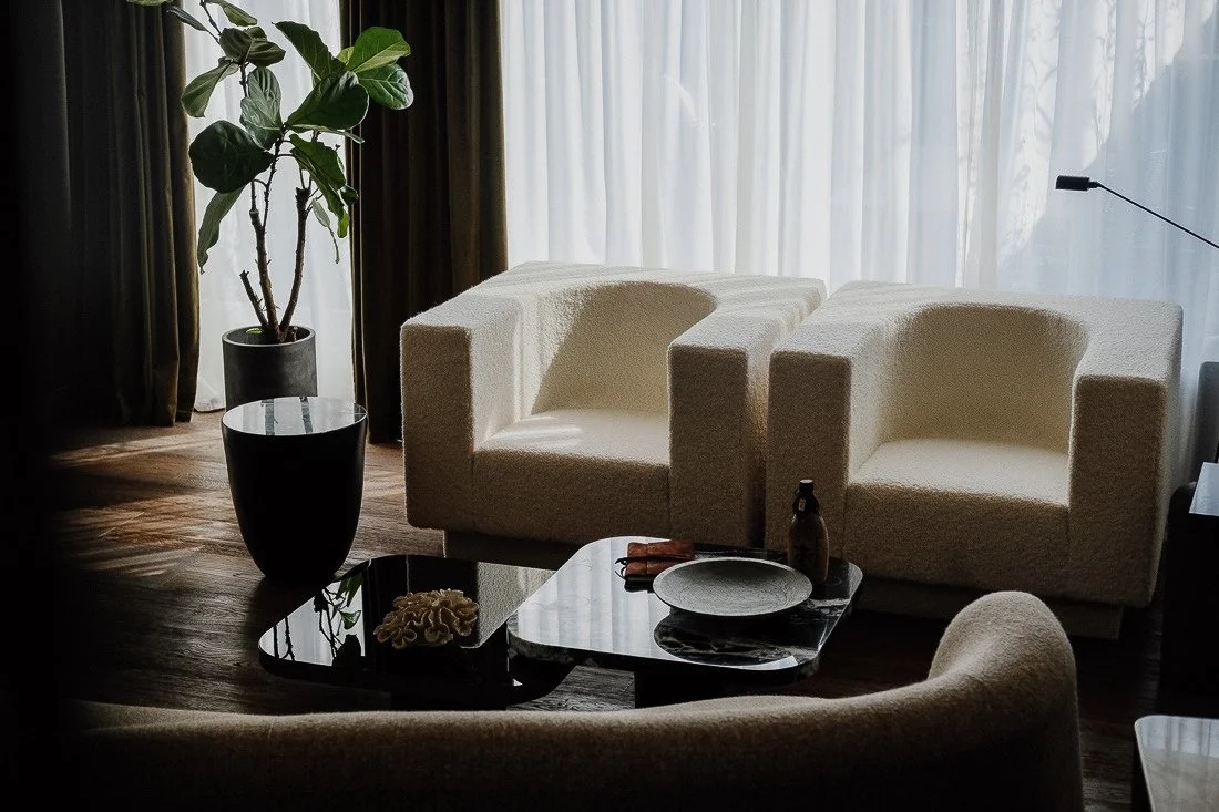 Living room with two white armchairs, a black coffee table with a plate, a bottle, and a pair of glasses, a large potted plant, and curtains with sheer white drapes.