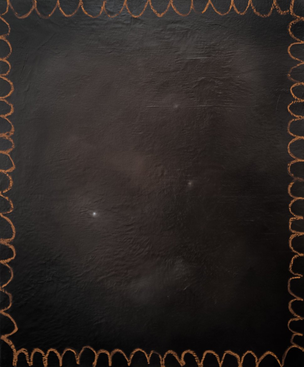 Black chalkboard with orange decorative border along the edges.