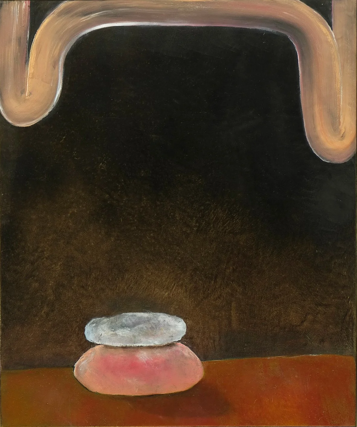 Abstract painting featuring a dark background, a curved beige shape at the top left, three stacked rounded stones in muted pink, white, and beige at the bottom center, and a reddish-brown surface.