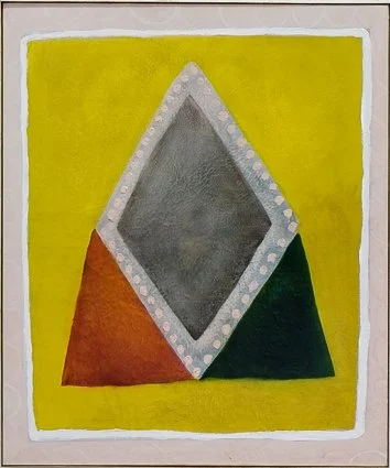 Painting of a white dotted border, reflecting a grey surface, set against a yellow background with red and green abstract shapes underneath.