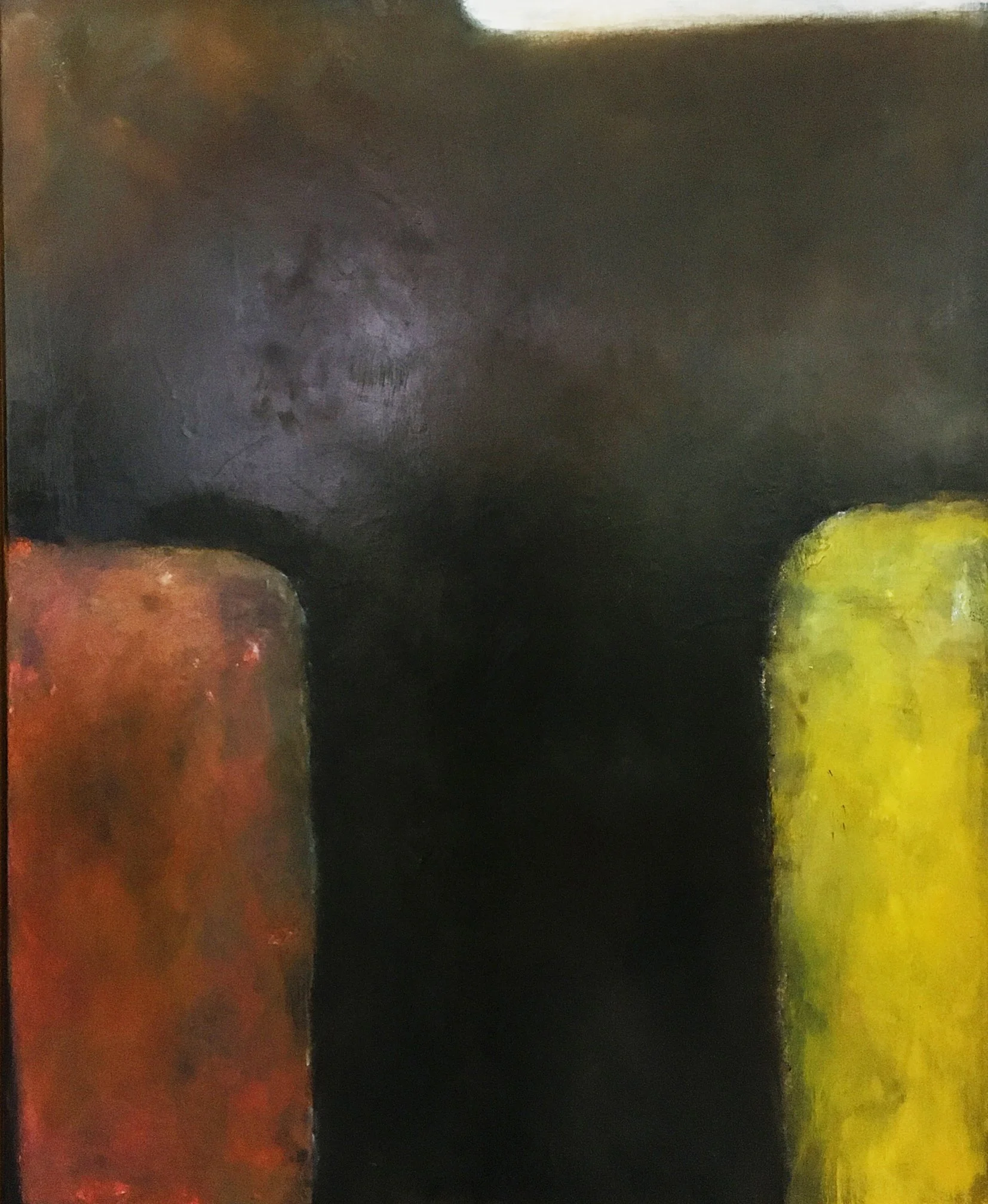 Abstract painting featuring two vertical rectangular shapes, one in reddish-brown and the other in yellow, against a dark background.