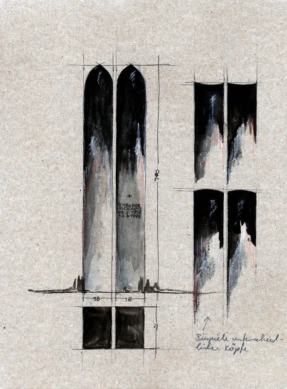 Sketch of a sculpture with detailed measurements and construction notes in German.