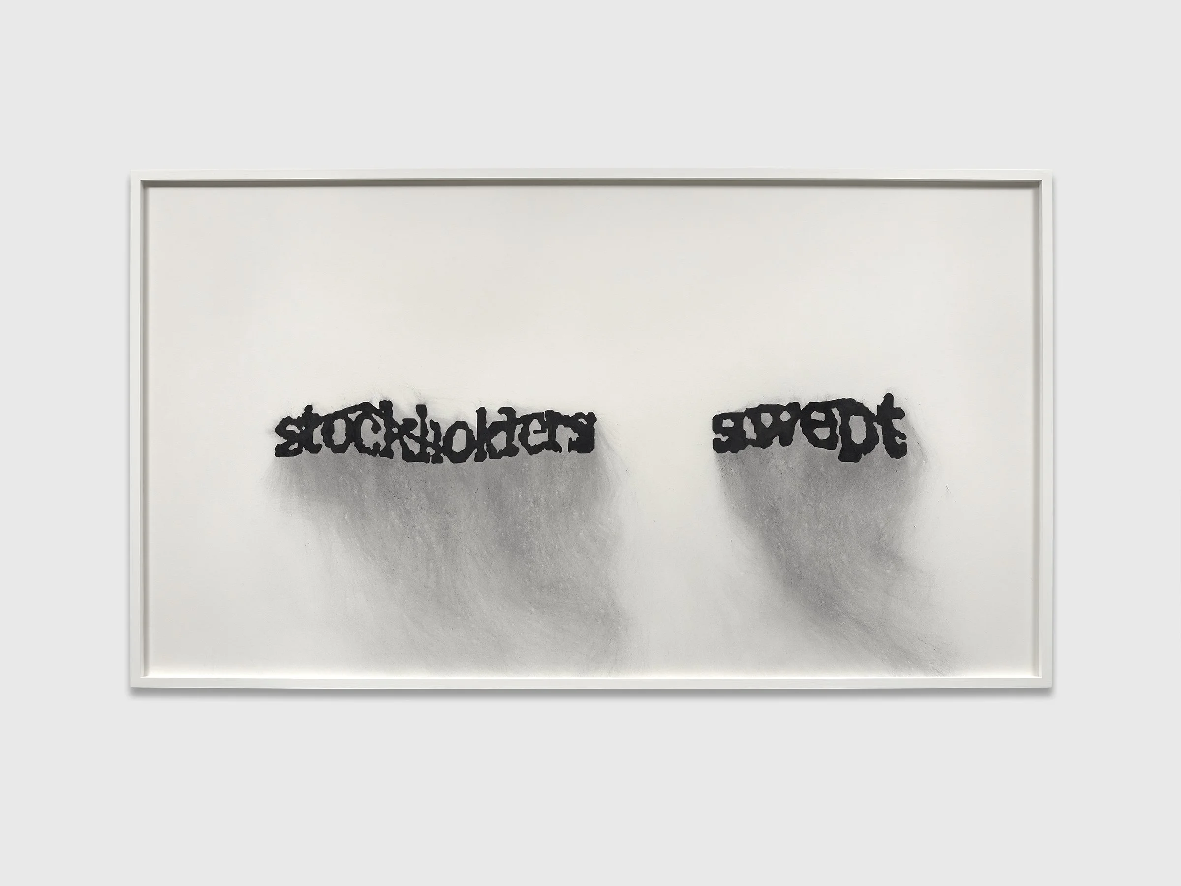 'Untitled (stockholders swept)' 2025. Charcoal on mounted paper. 100 x 180 cm
