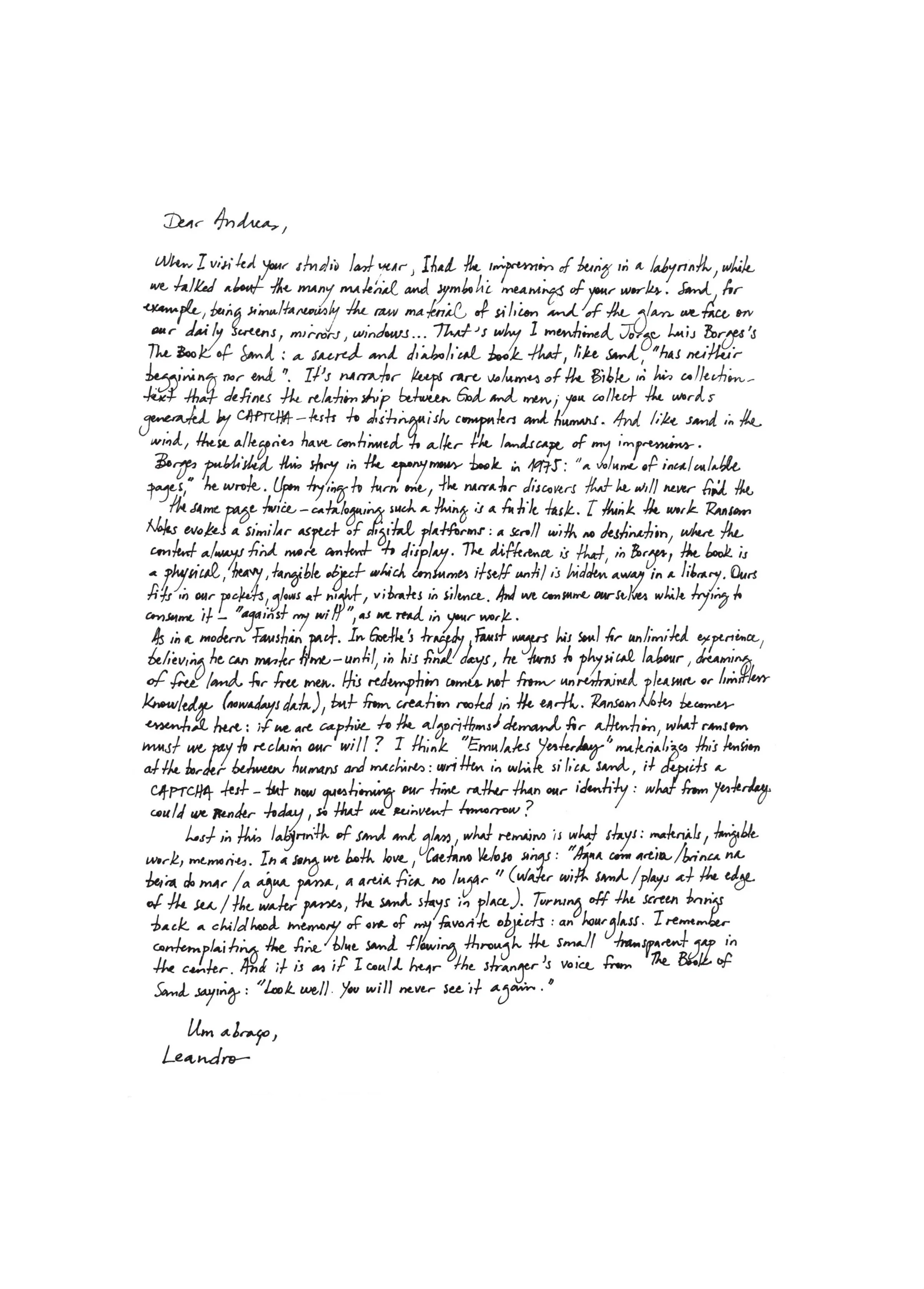 Handwritten letter/exhibition text by Leandro Ferre Caetano. 