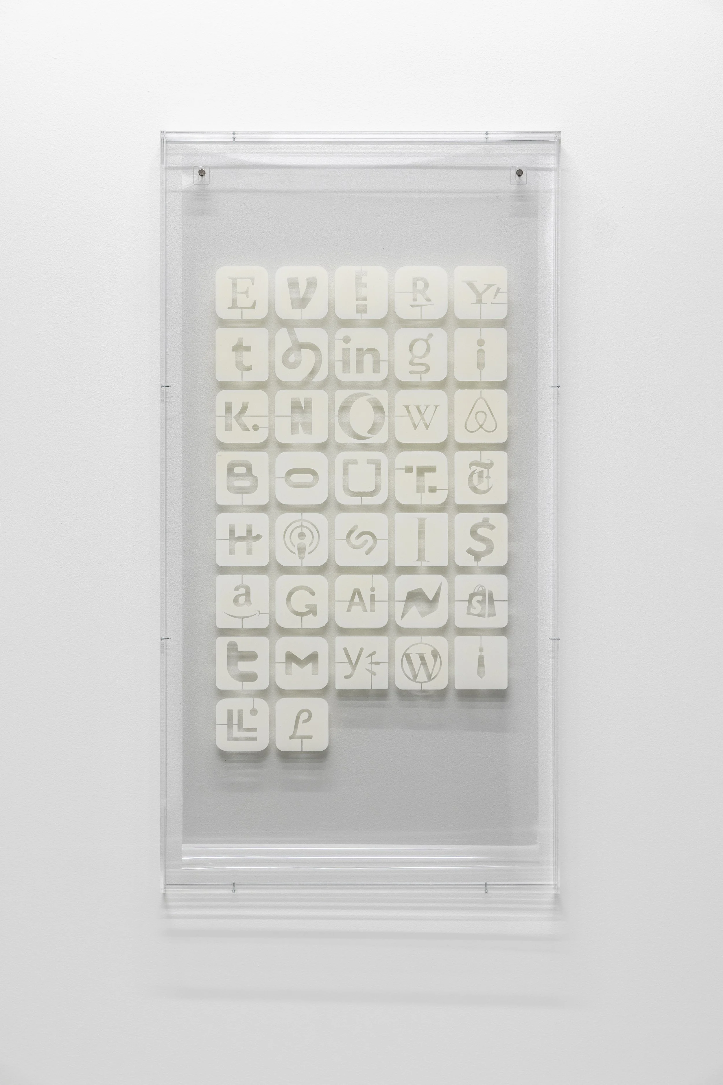Ransom Notes (Everything I know about this is against my will), 2026 I  Acrylic spraypaint on clear polyester film, Acrylic frame. 106,5 x 55,5 x 5 cm I Photo: Malle Madsen