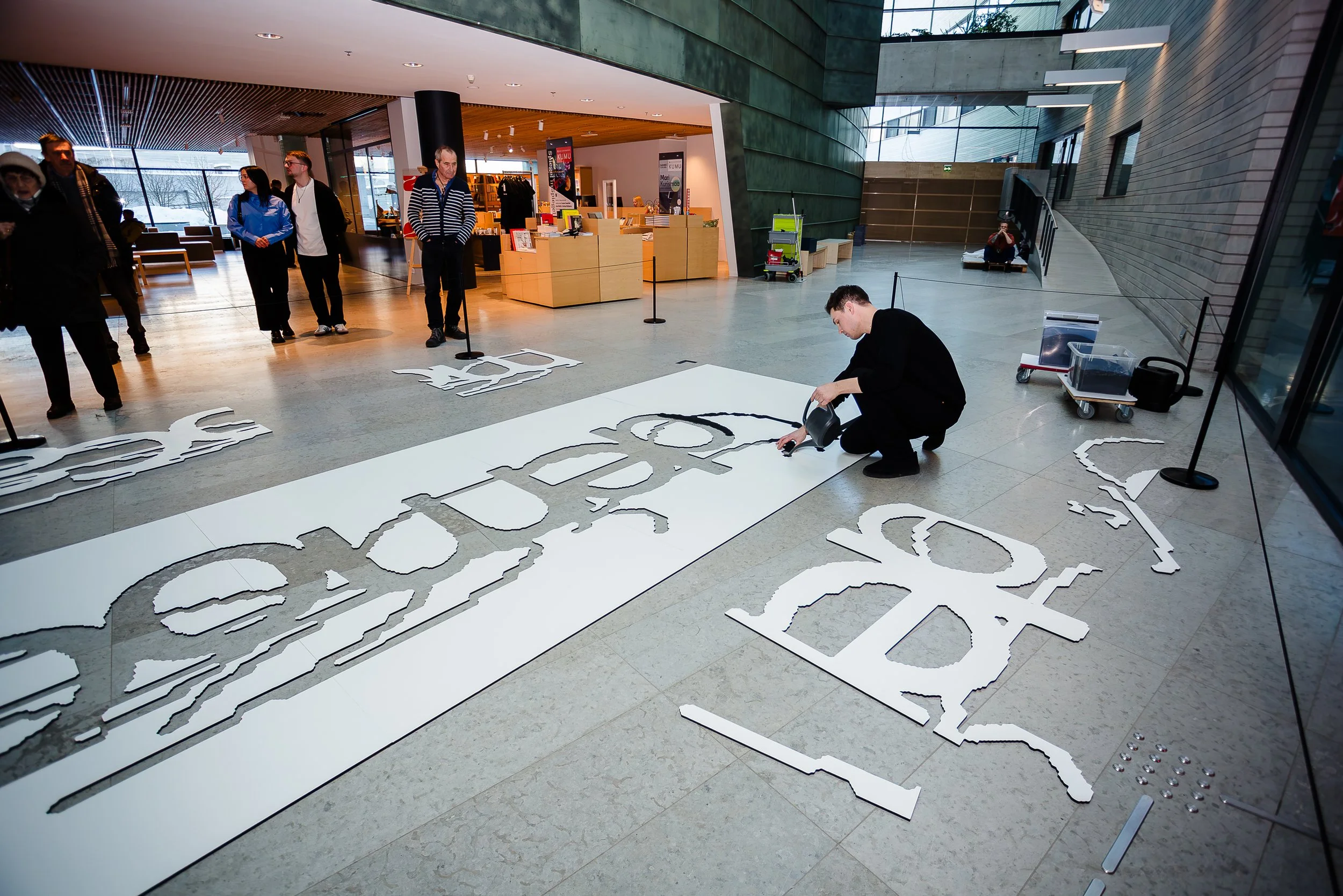 Performance and installation process of Failed Attempt#1 (democary), Kumu Art museum, February 2026. Photo: Karolin Köster